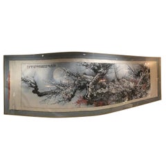 Chinese Scroll, Monumental Size Encoded in Lucite Frame of Cherry Blossom