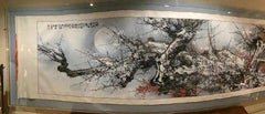 Chinese Scroll, Monumental Size Encoded in Lucite Frame of Cherry Blossom