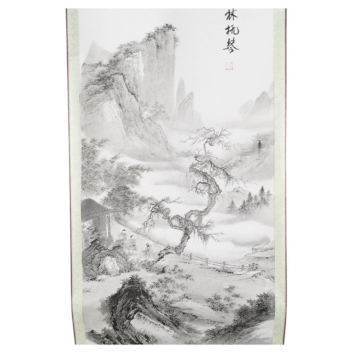 Chinese scroll hand painting in black ink of a landscape, Early 20th Century
Picture size ca. 126 x 62 cm,  170 x 70 cm.