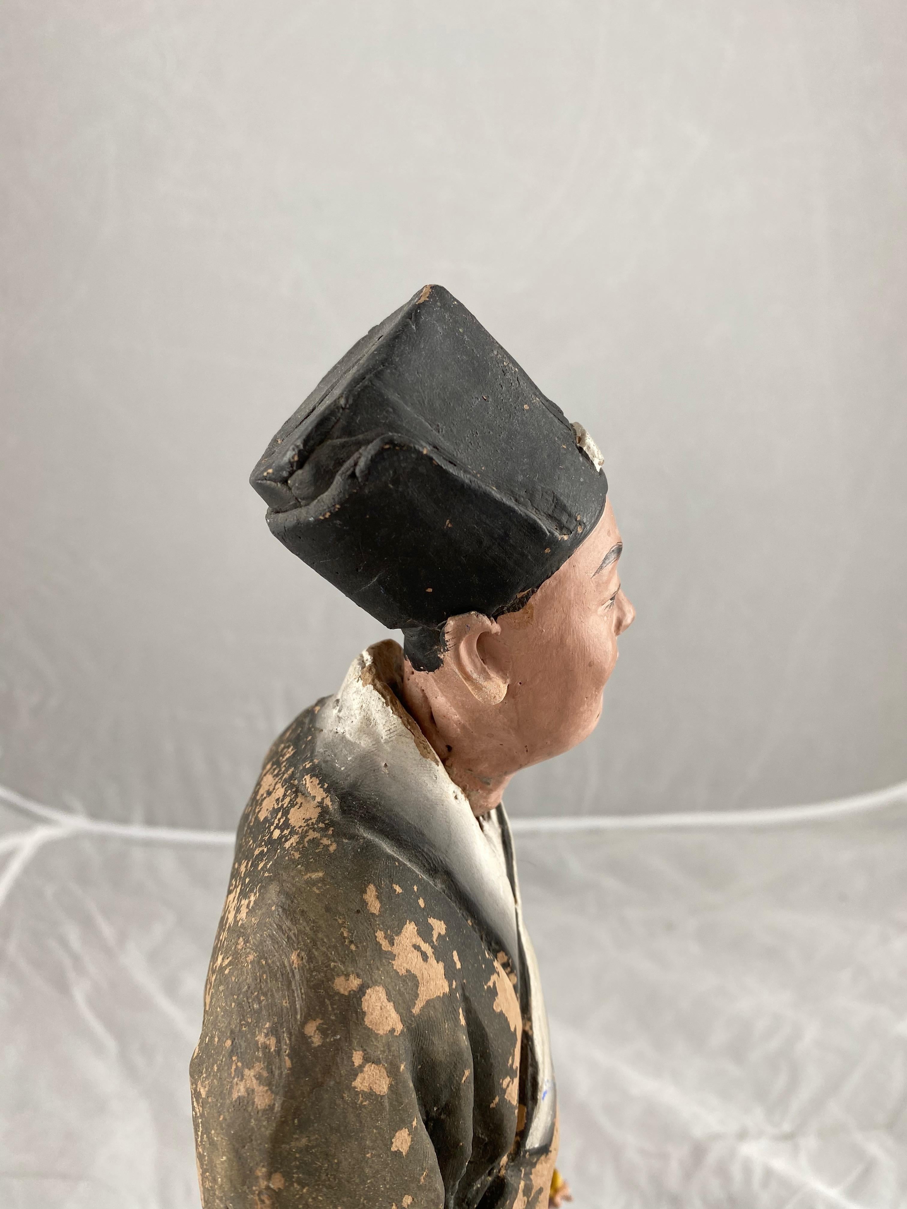 Chinese Sculptured and Painted Clay Figure of a Man Holding a Lingzhi Mushroom 5