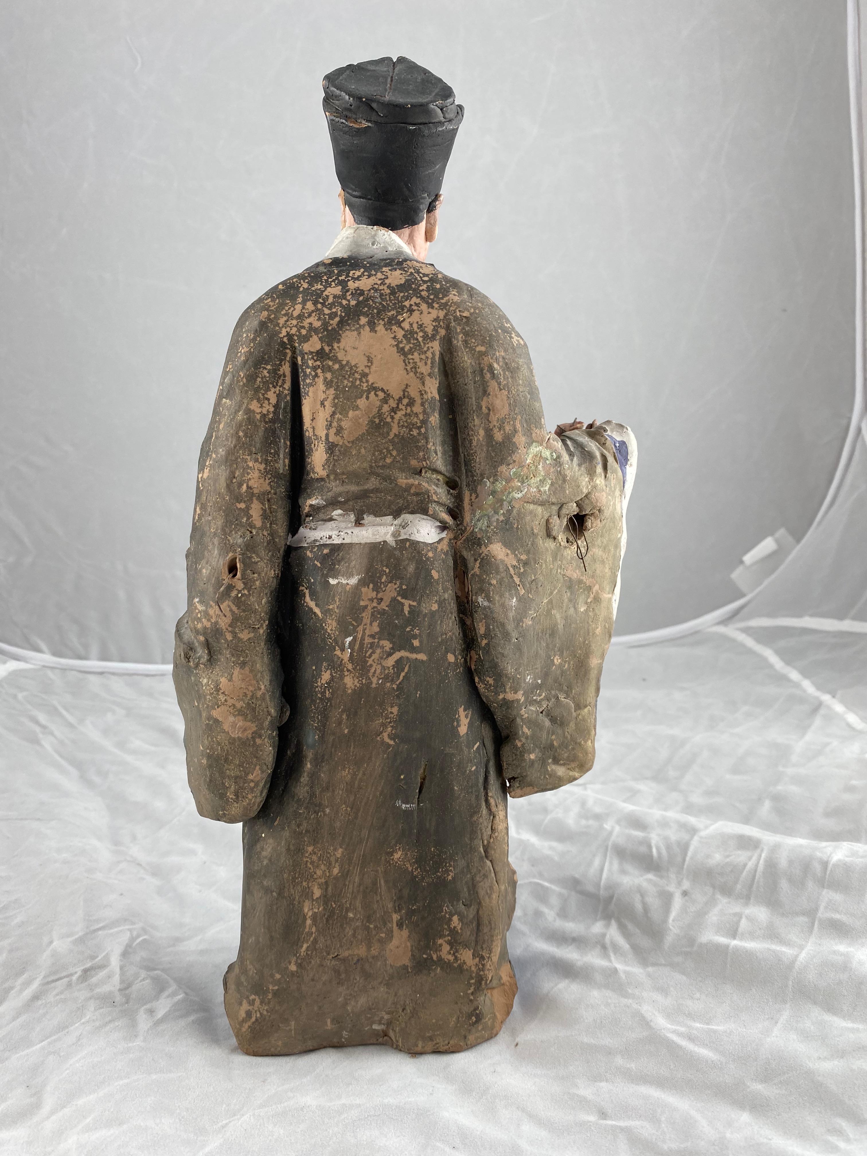 Chinese Sculptured and Painted Clay Figure of a Man Holding a Lingzhi Mushroom 6