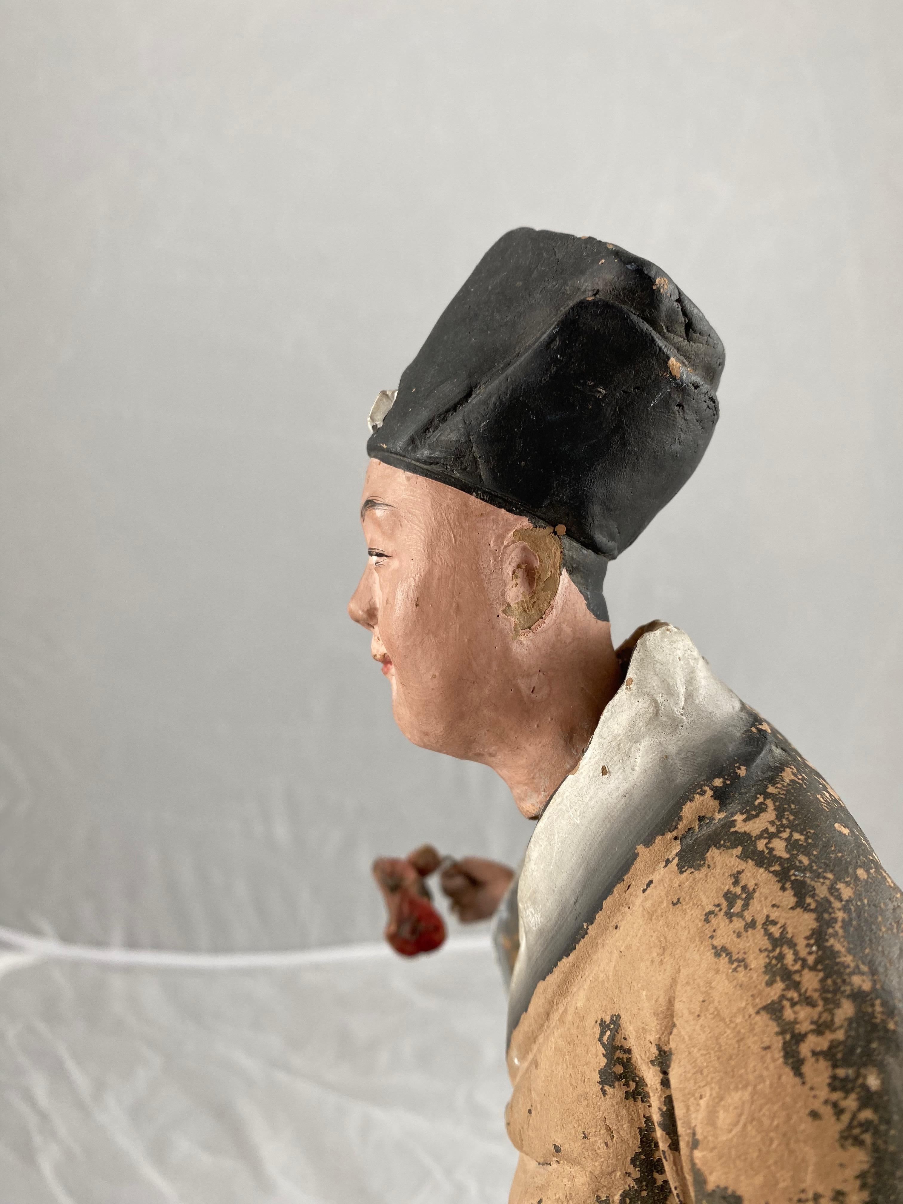 Chinese Sculptured and Painted Clay Figure of a Man Holding a Lingzhi Mushroom 8