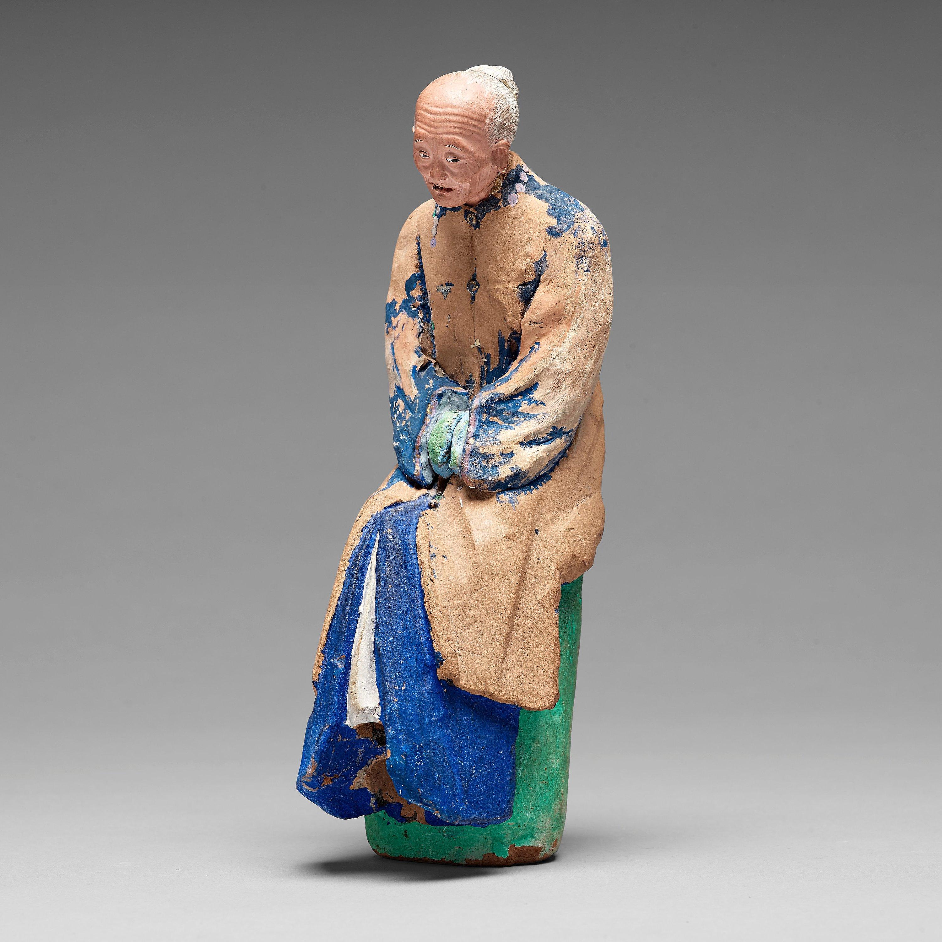 Chinoiserie Chinese Sculptured and Painted Clay Figure of an Elderly Man, 19th Century