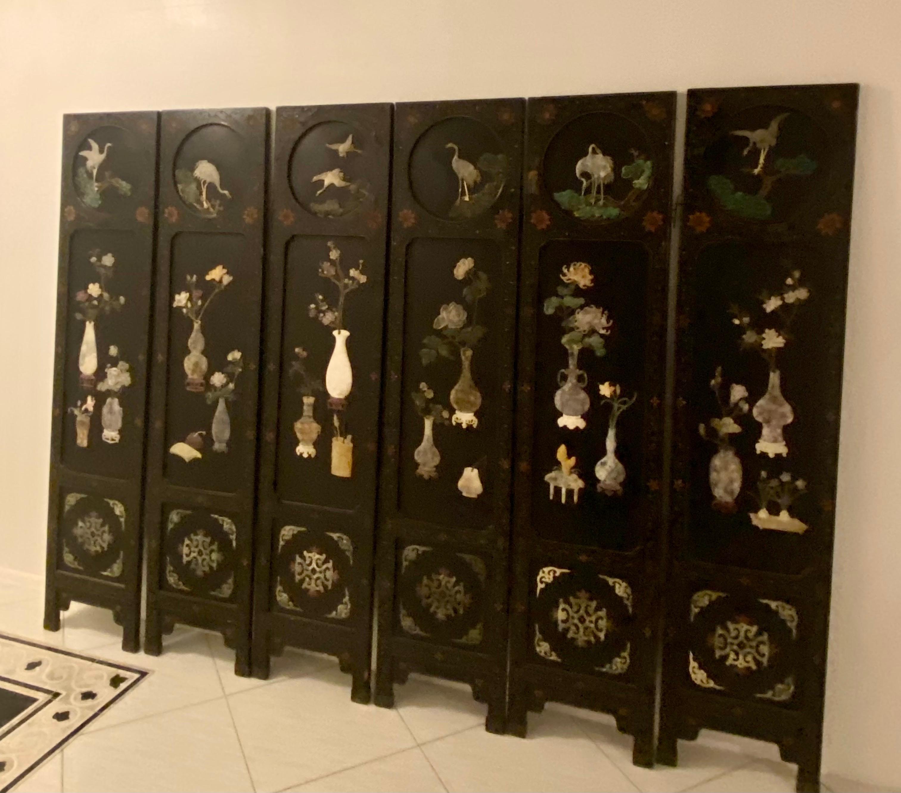 Chinese Soapstone, Semiprecious Hardstone and Lacquer Folding Screen For Sale 4
