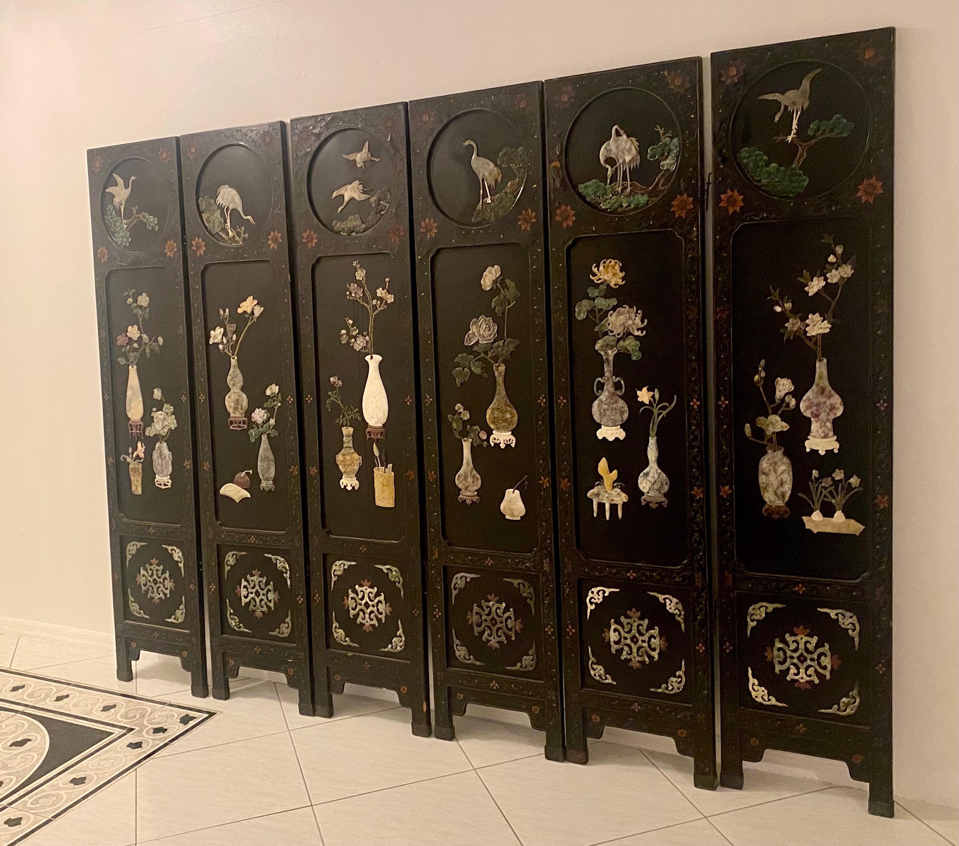 Chinese Soapstone, Semiprecious Hardstone and Lacquer Folding Screen In Good Condition For Sale In Miami, FL