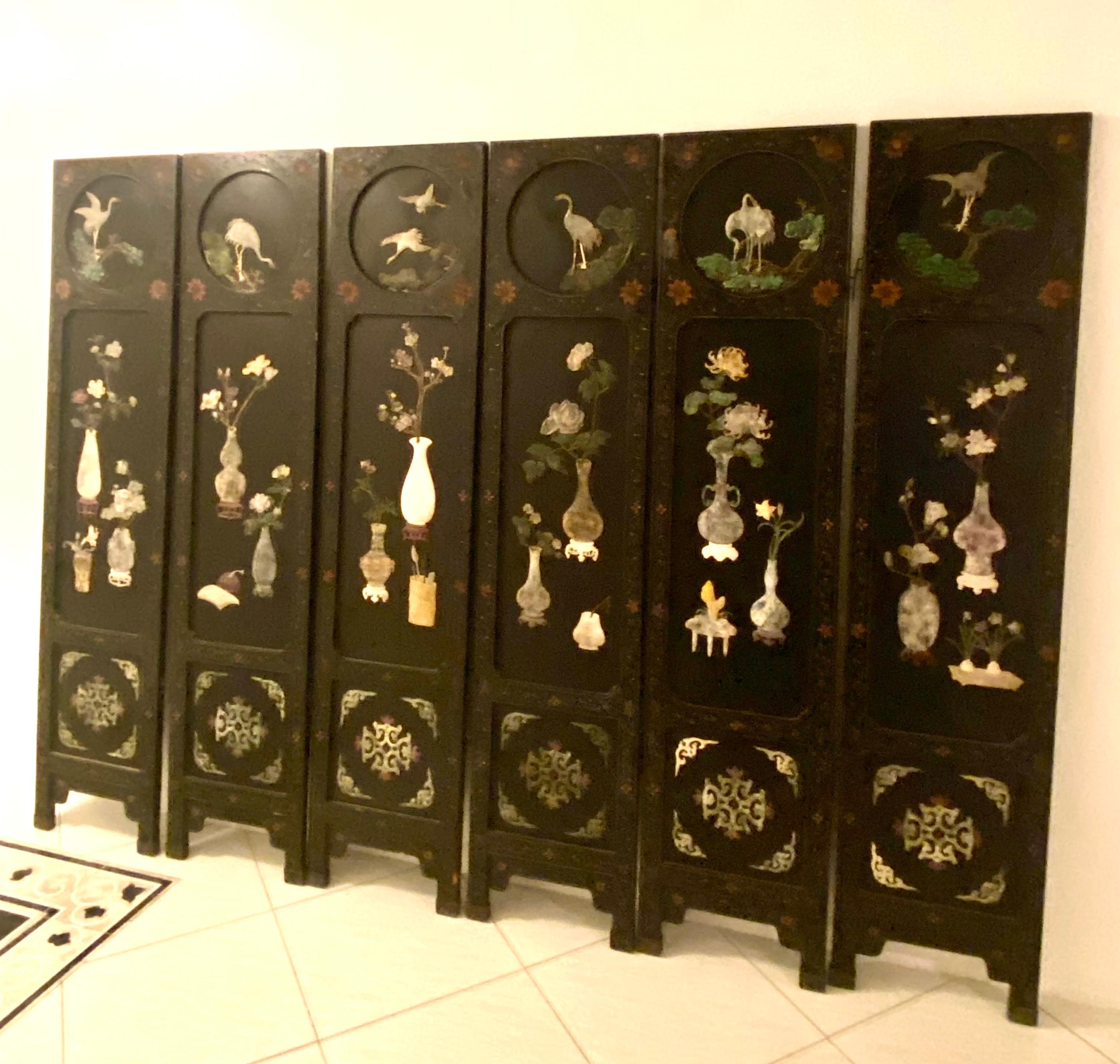 Wood Chinese Soapstone, Semiprecious Hardstone and Lacquer Folding Screen For Sale