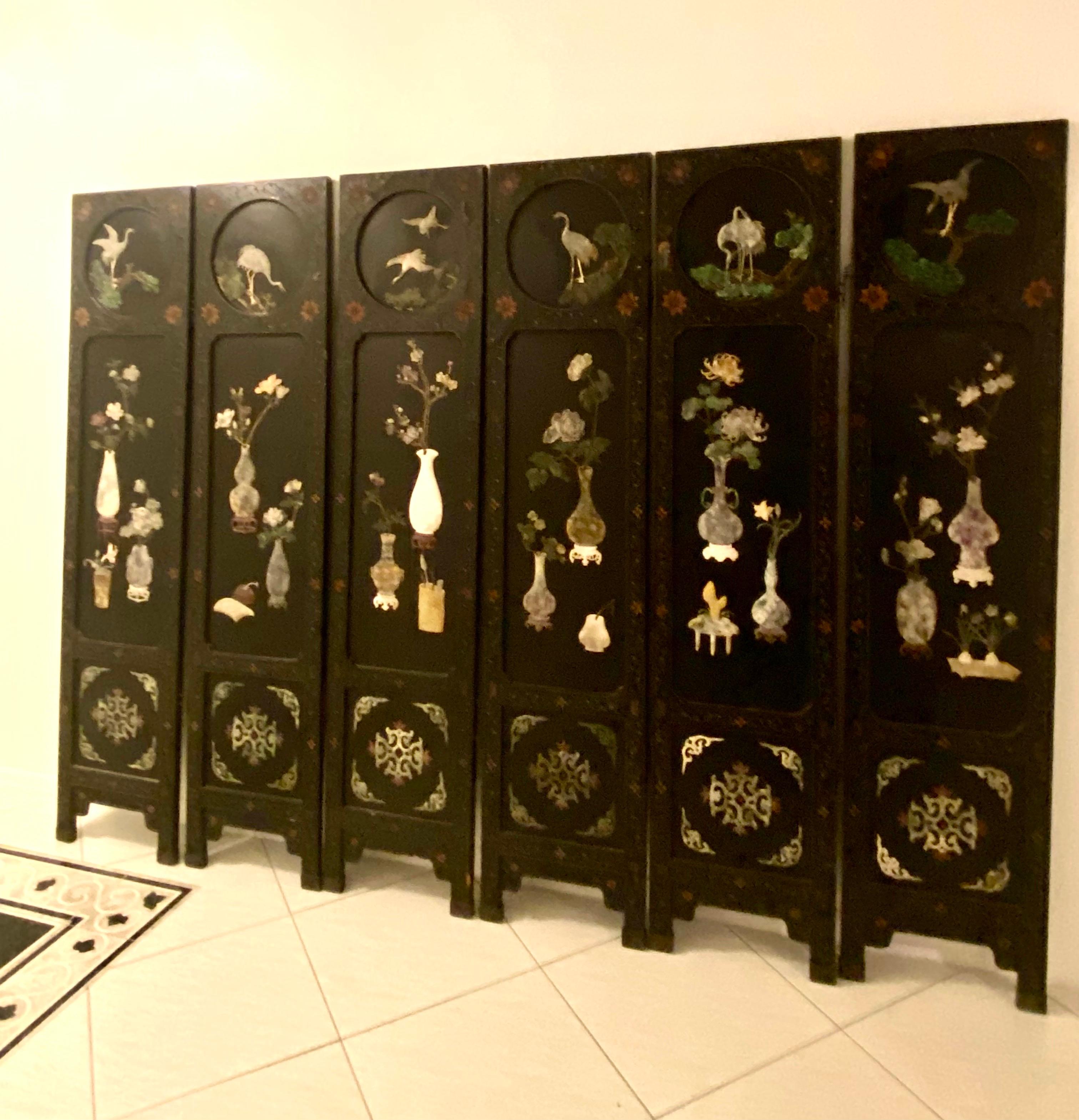 Chinese Soapstone, Semiprecious Hardstone and Lacquer Folding Screen For Sale 2