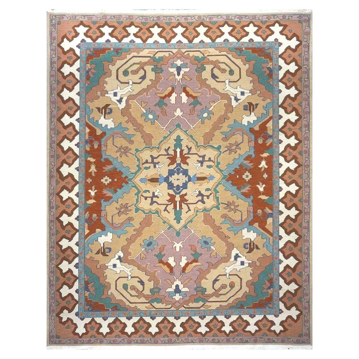 Chinese Serapi Sumack Wool 8x10 Tan, Rust & Teal Handmade Area Rug For Sale