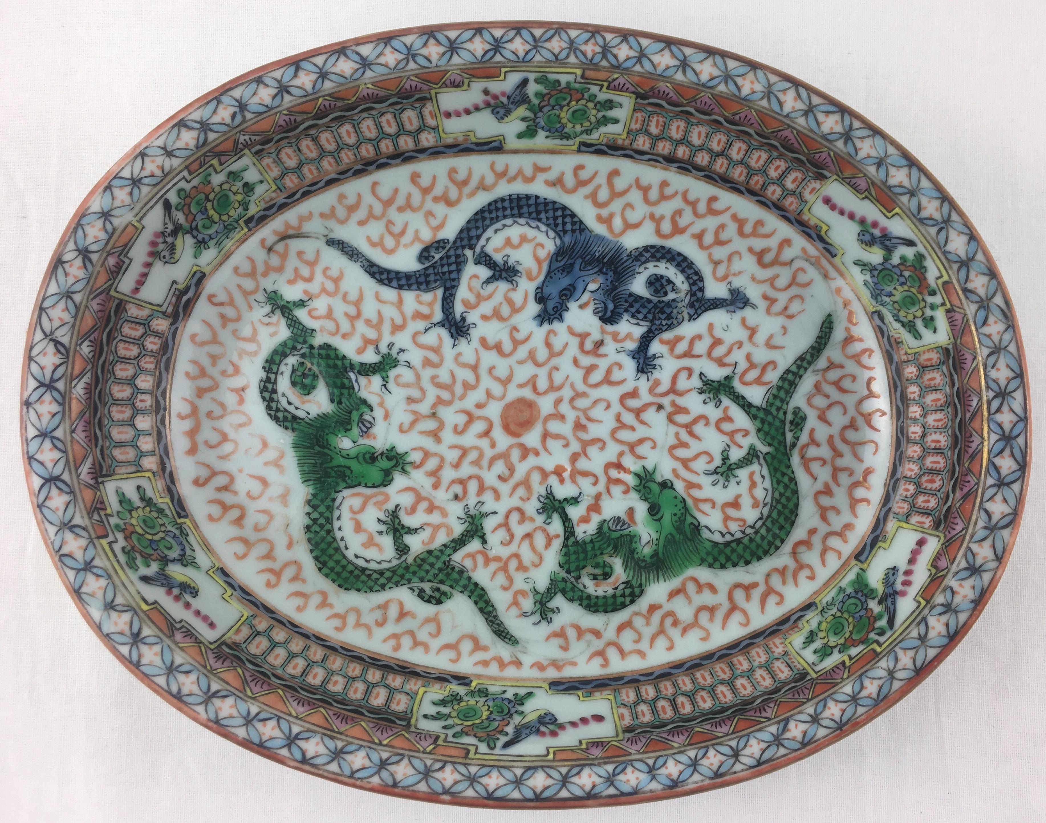 Hand-Painted Chinese Serving Bowl Adorned with Dragons
