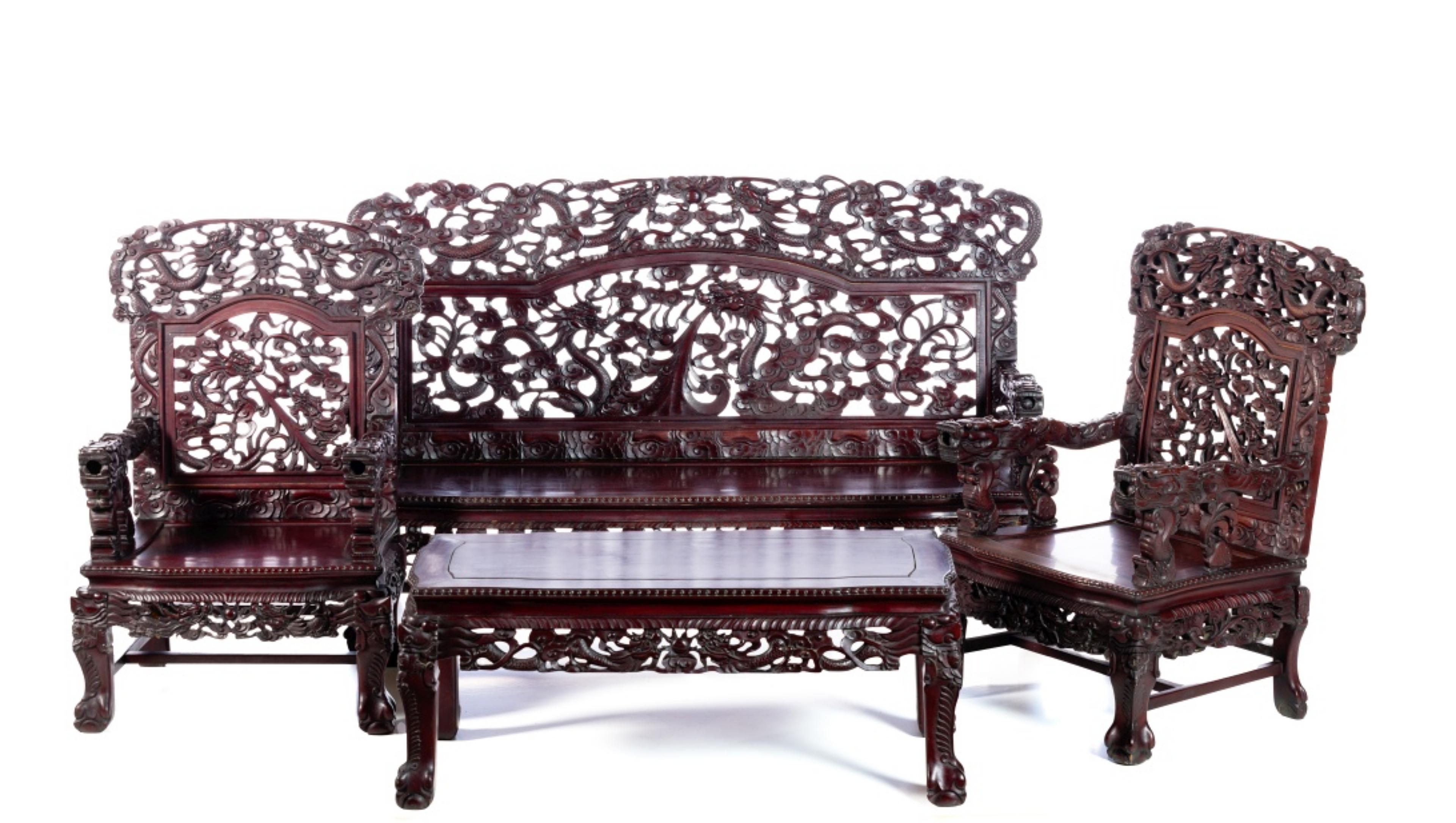 Hand-Crafted Chinese Set of 4 ARMCHAIRS, 2 CANAPES AND 2 TABLES 19th Century For Sale