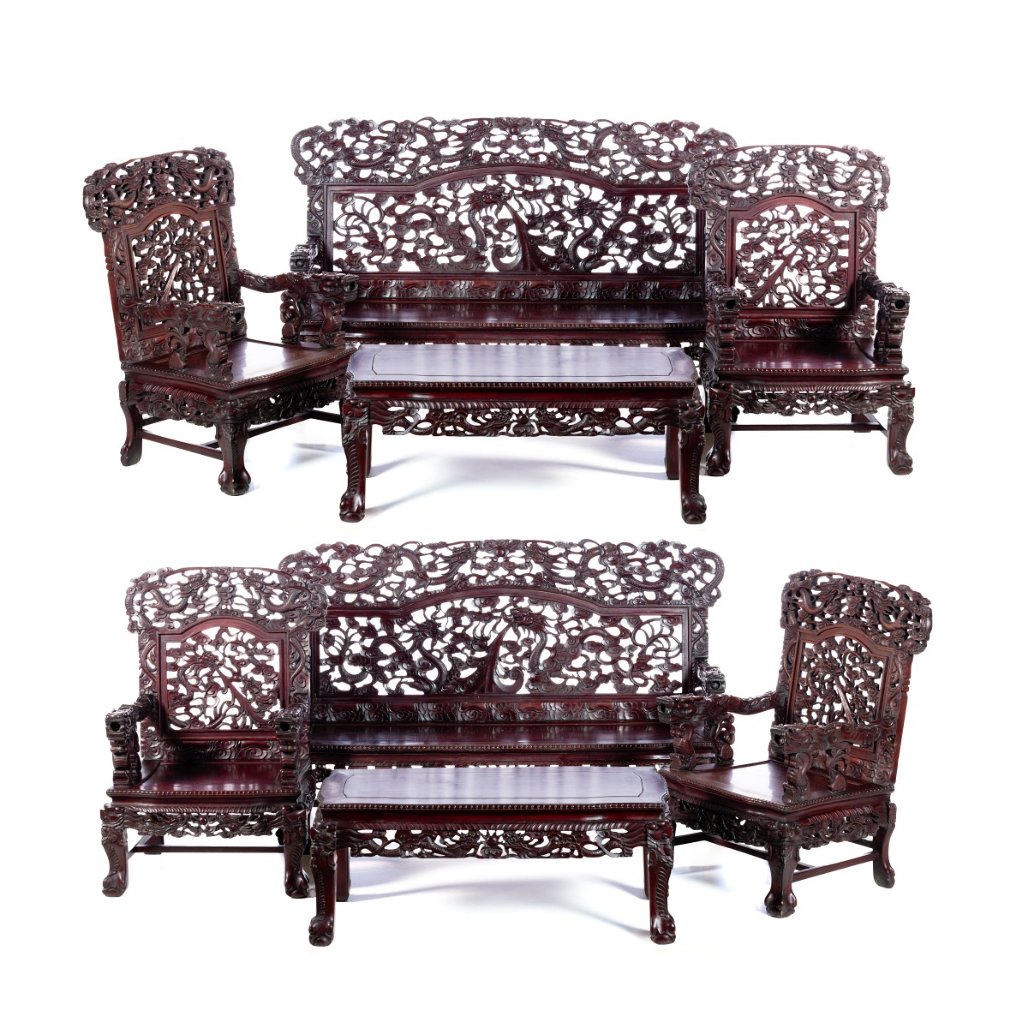 Rosewood Chinese Set of 4 ARMCHAIRS, 2 CANAPES AND 2 TABLES 19th Century For Sale