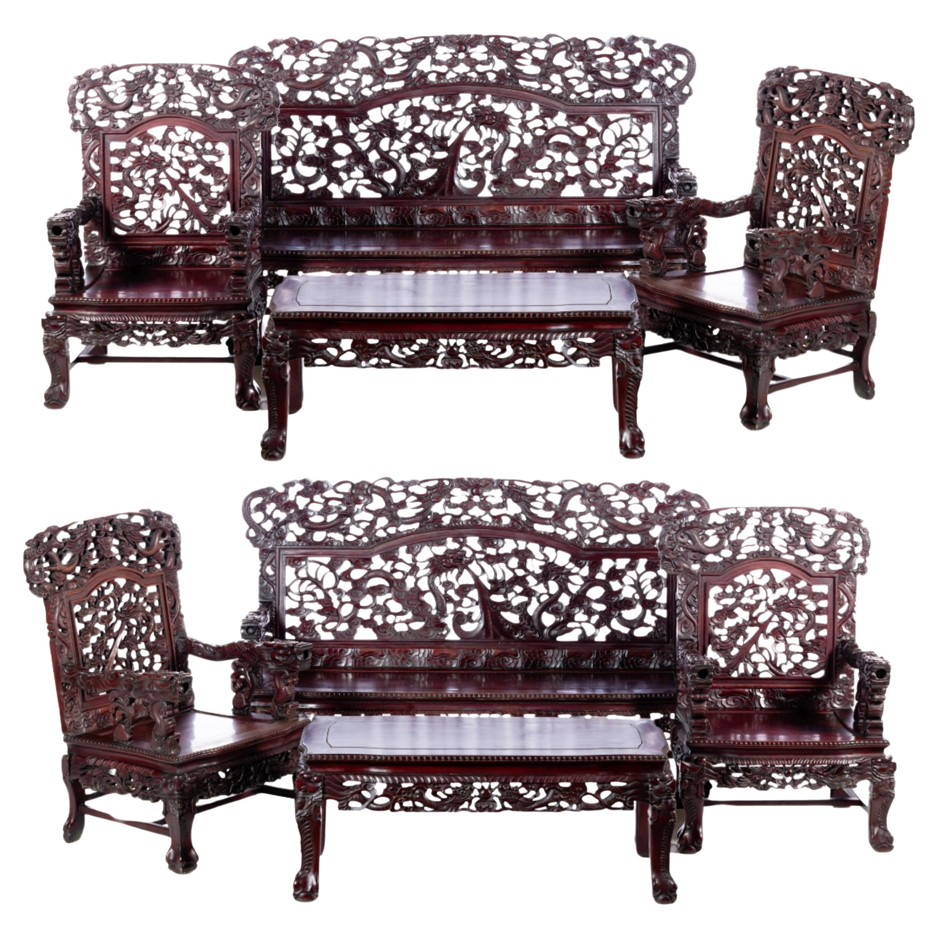 Chinese Set of 4 ARMCHAIRS, 2 CANAPES AND 2 TABLES 19th Century
