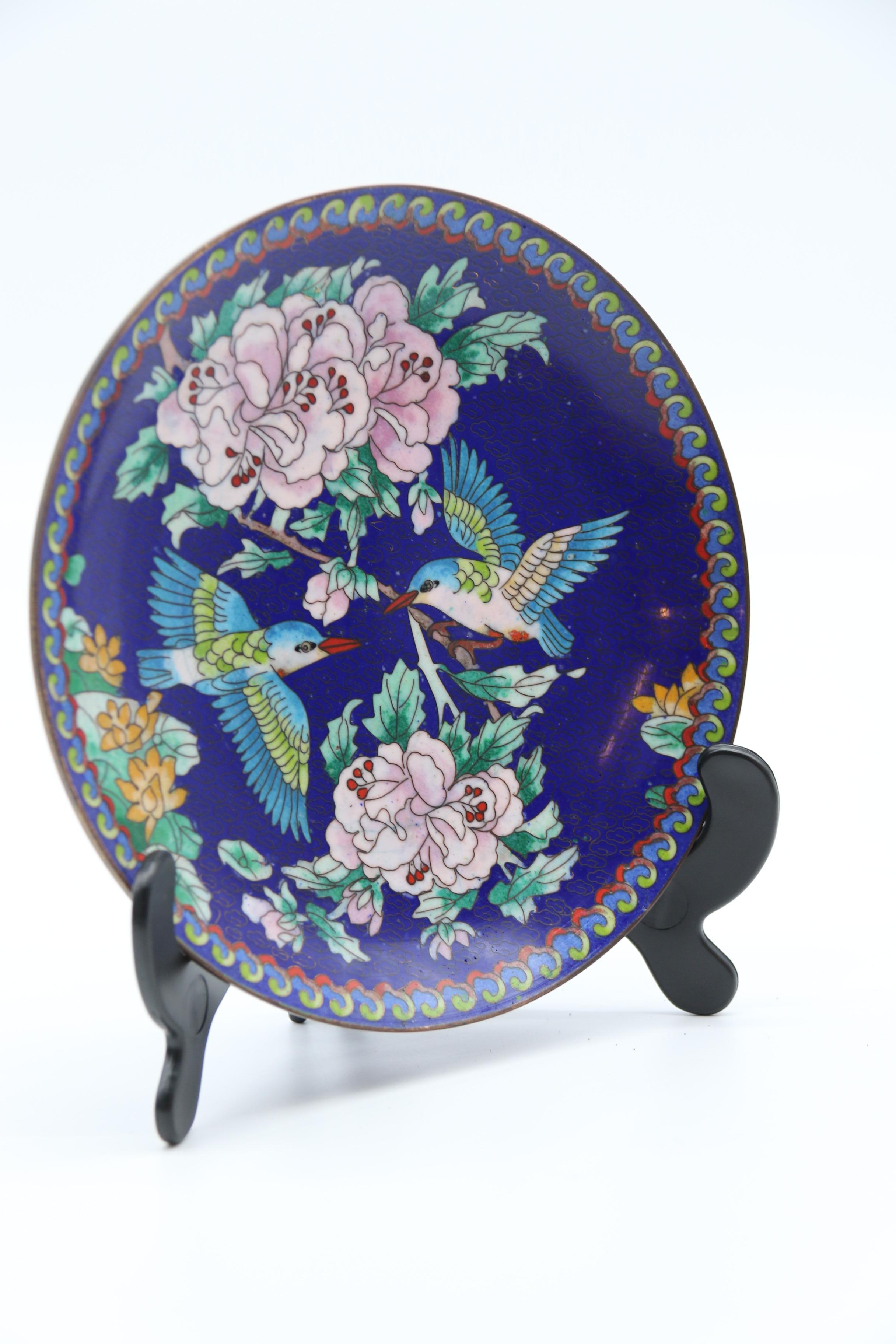 20th Century Chinese set of four cloisonne plates depicting birds and blossom, circa 1930 For Sale