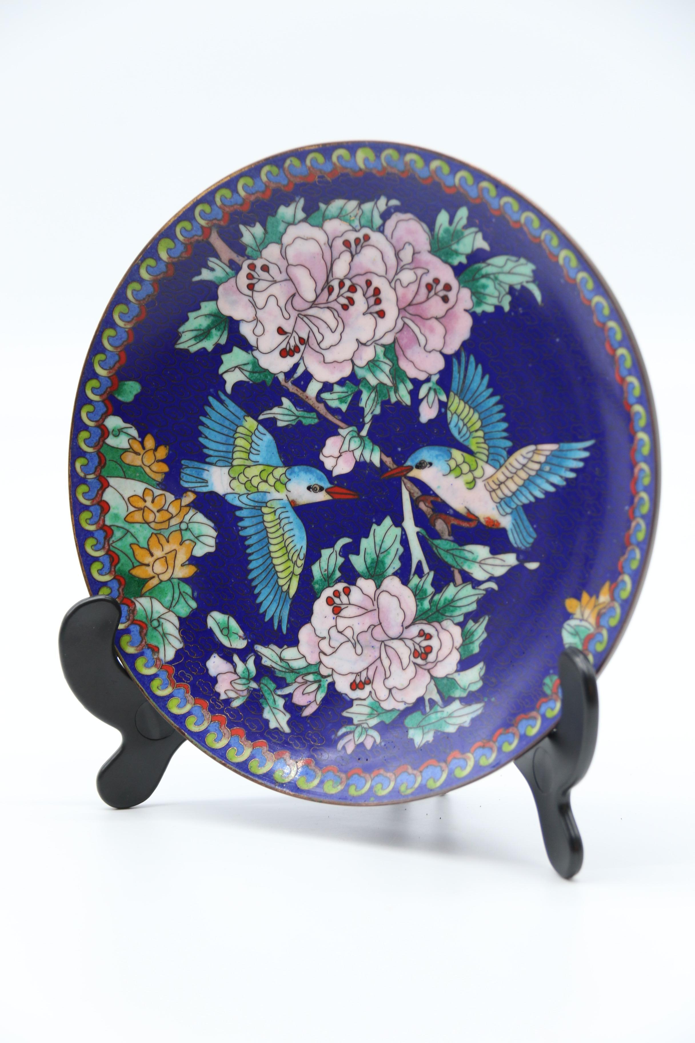 Enamel Chinese set of four cloisonne plates depicting birds and blossom, circa 1930