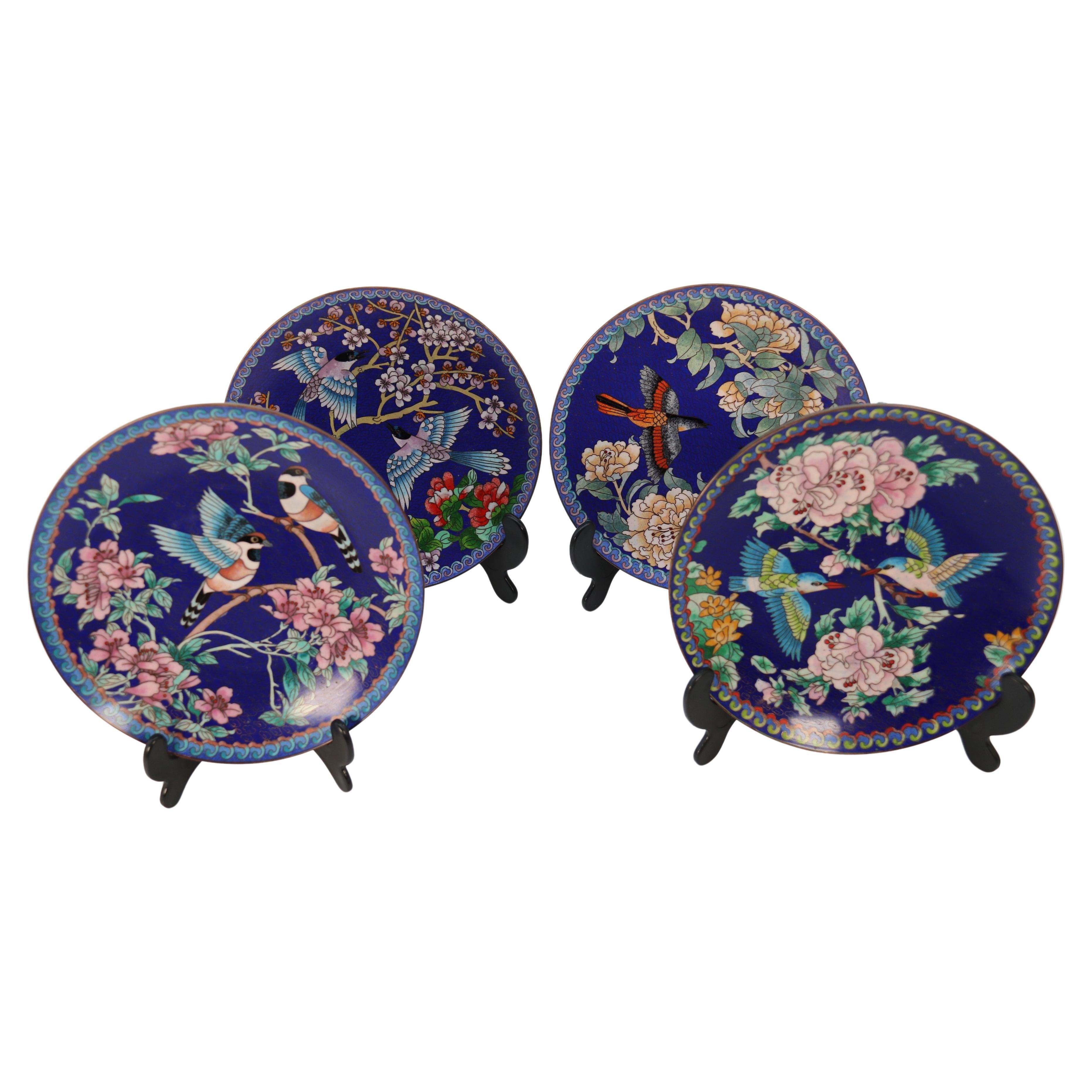 Chinese set of four cloisonne plates depicting birds and blossom, circa 1930 For Sale