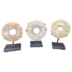 Chinese Set Three Hand Carved Jade Bi