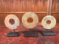 Chinese Set Three Old Authentic Hand Carved Jade Bi
