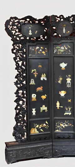 Chinese Seven-Panel Inlaid Zitan Screen, late 19th/early 20th century