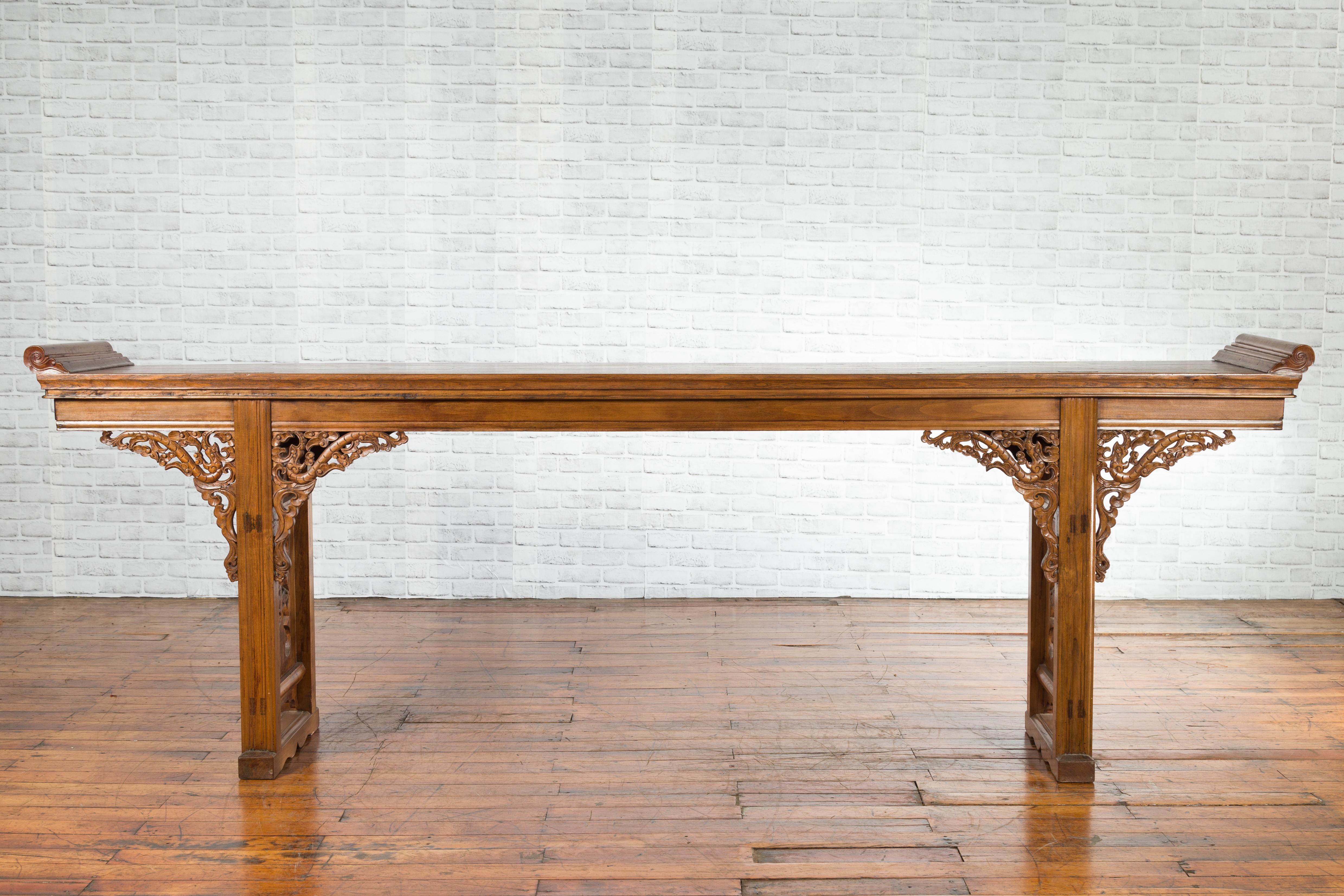 Carved Chinese Shandong Province Early 20th Century Long Elm Altar Console Table