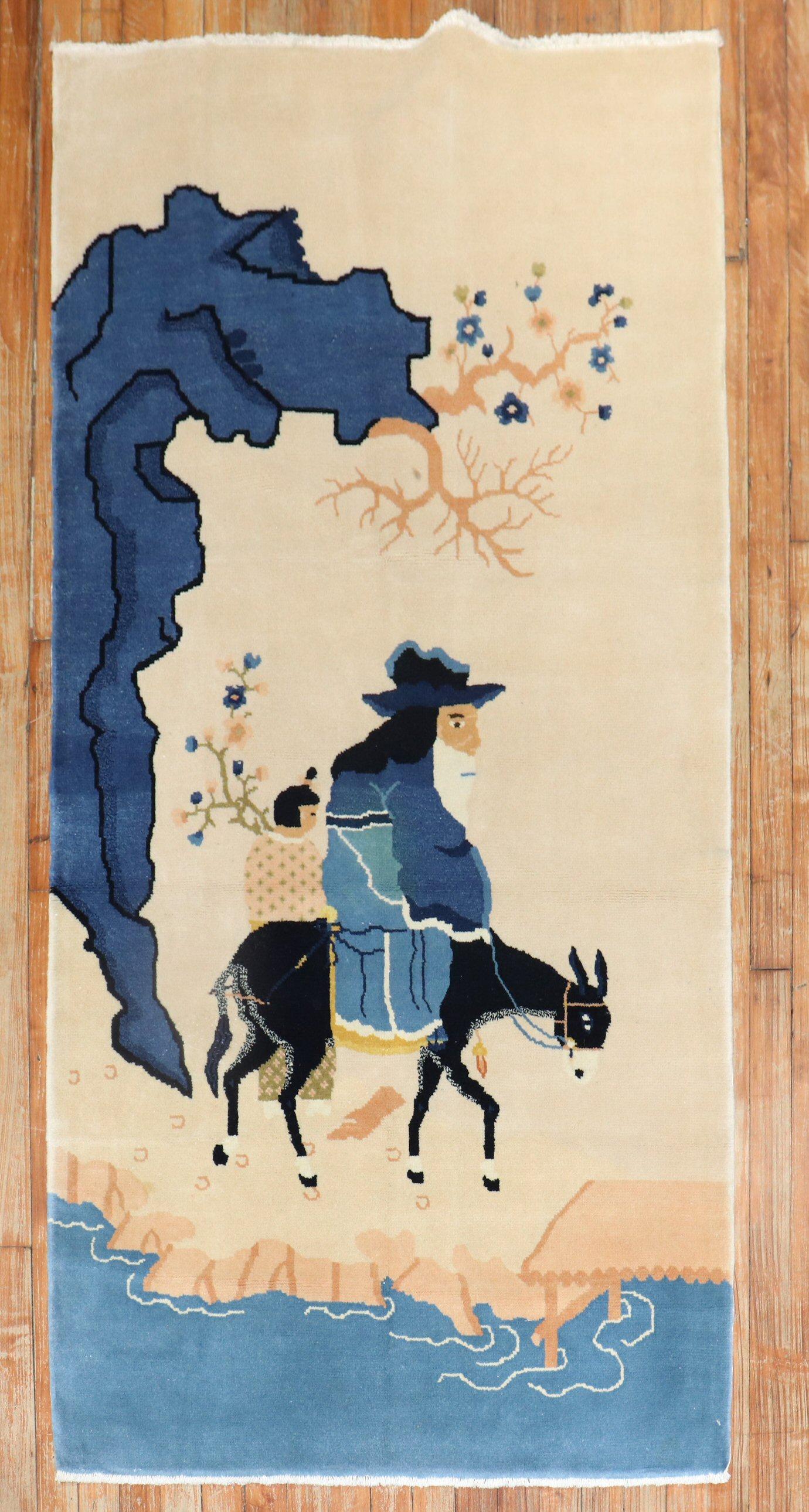 One of a kind Late 20th century Chinese rug with a shepherd riding on a mule. 

Measures: 3'1'' x 6'1''.