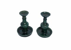 Chinese 'Shiwan' Candleholder / Oil Lamp Set, Green-Glazed Early 20th Century