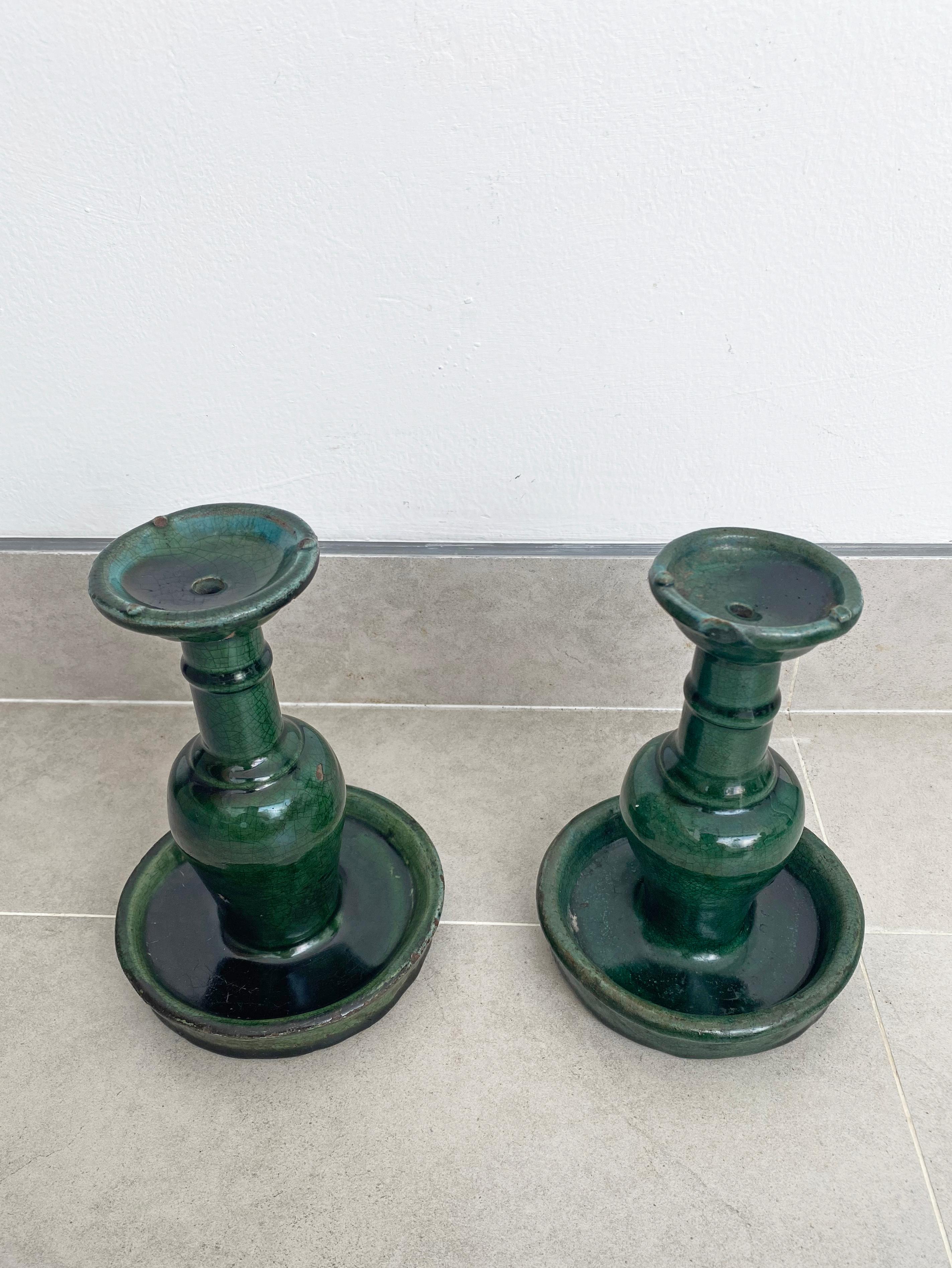 Other Chinese 'Shiwan' Candleholder / Oil Lamp Set, Green-Glazed Early 20th Century For Sale