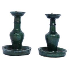 Antique Chinese 'Shiwan' Candleholder / Oil Lamp Set, Green-Glazed Early 20th Century