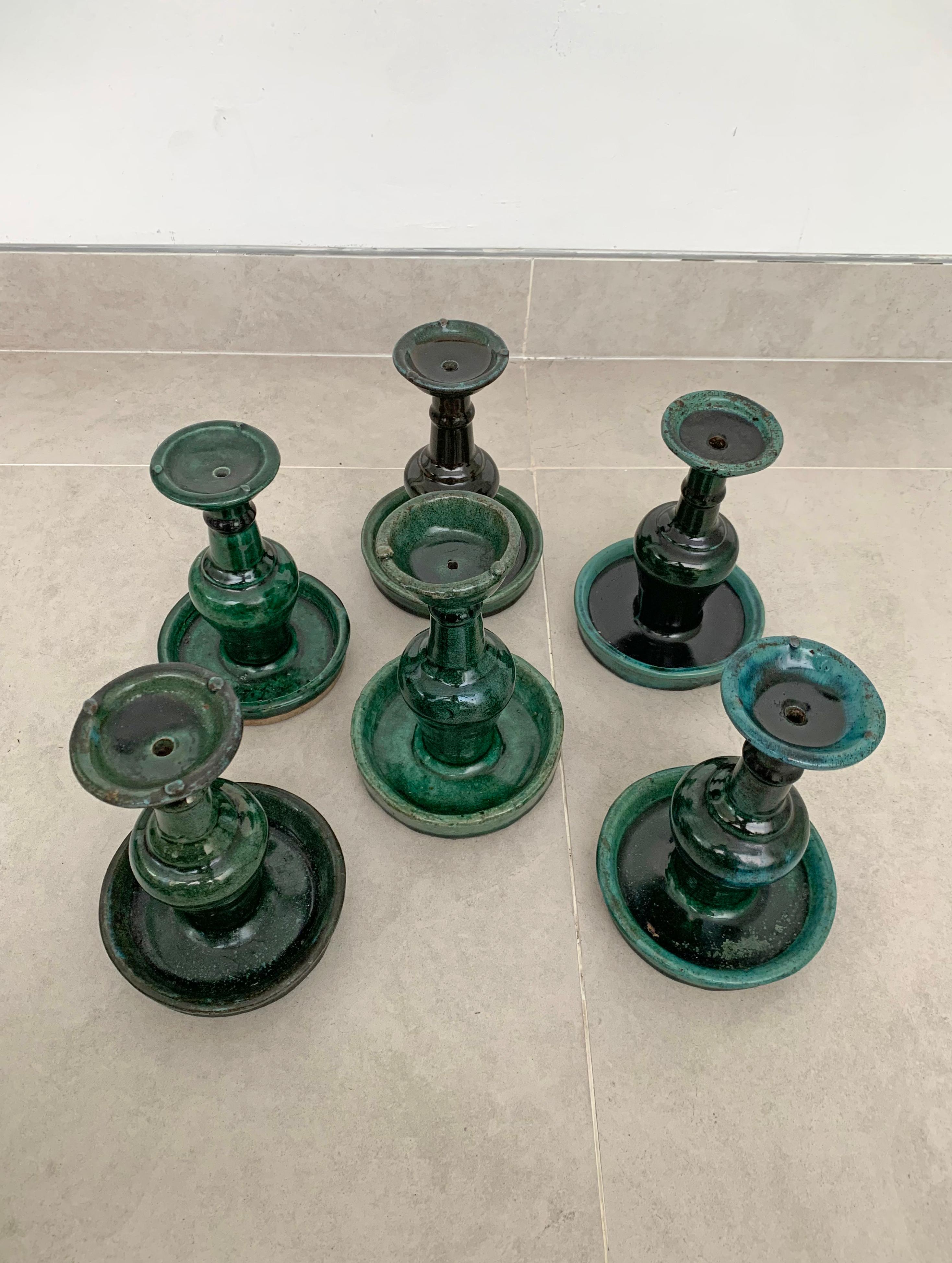 Chinese 'Shiwan' Candleholder / Oil Lamp Set of 6, Green-Glazed, c. 1900 In Good Condition For Sale In Jimbaran, Bali