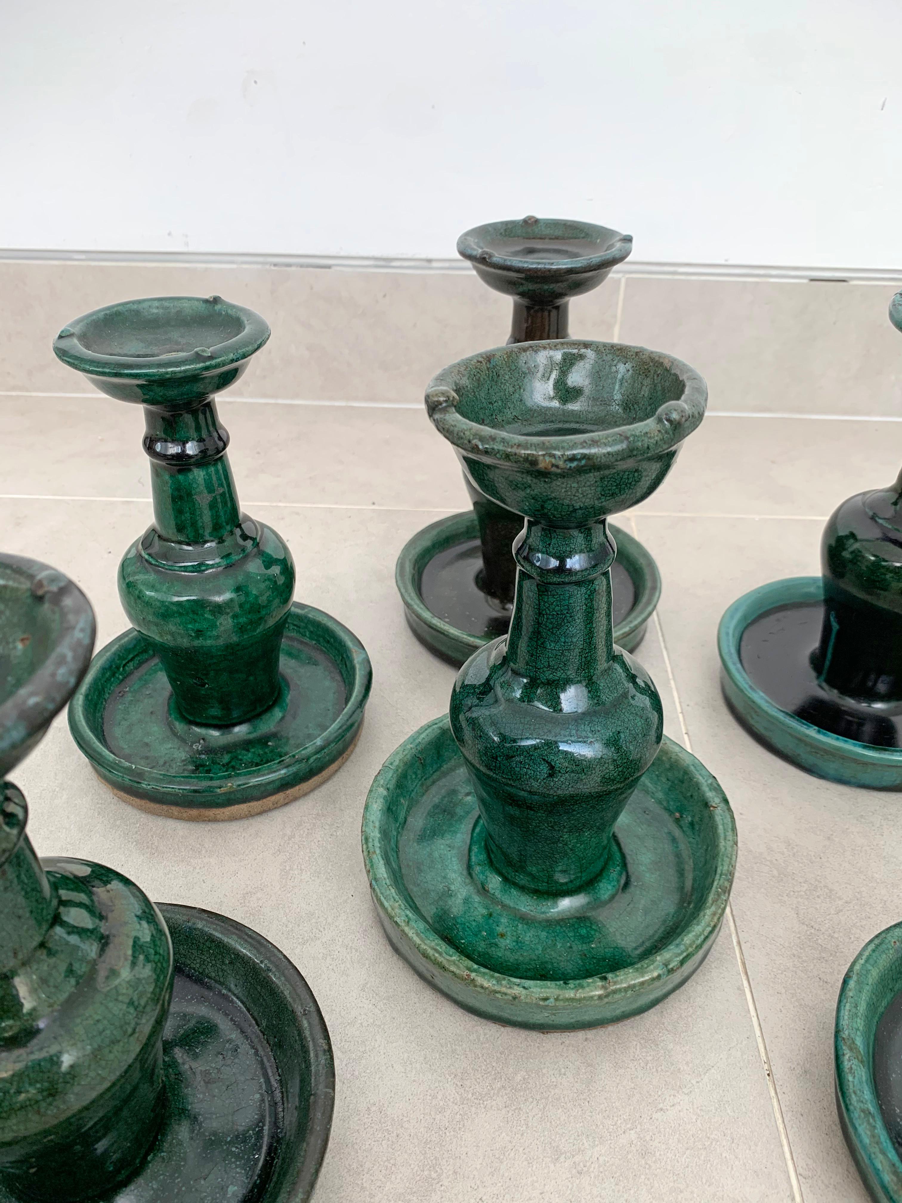 20th Century Chinese 'Shiwan' Candleholder / Oil Lamp Set of 6, Green-Glazed, c. 1900 For Sale