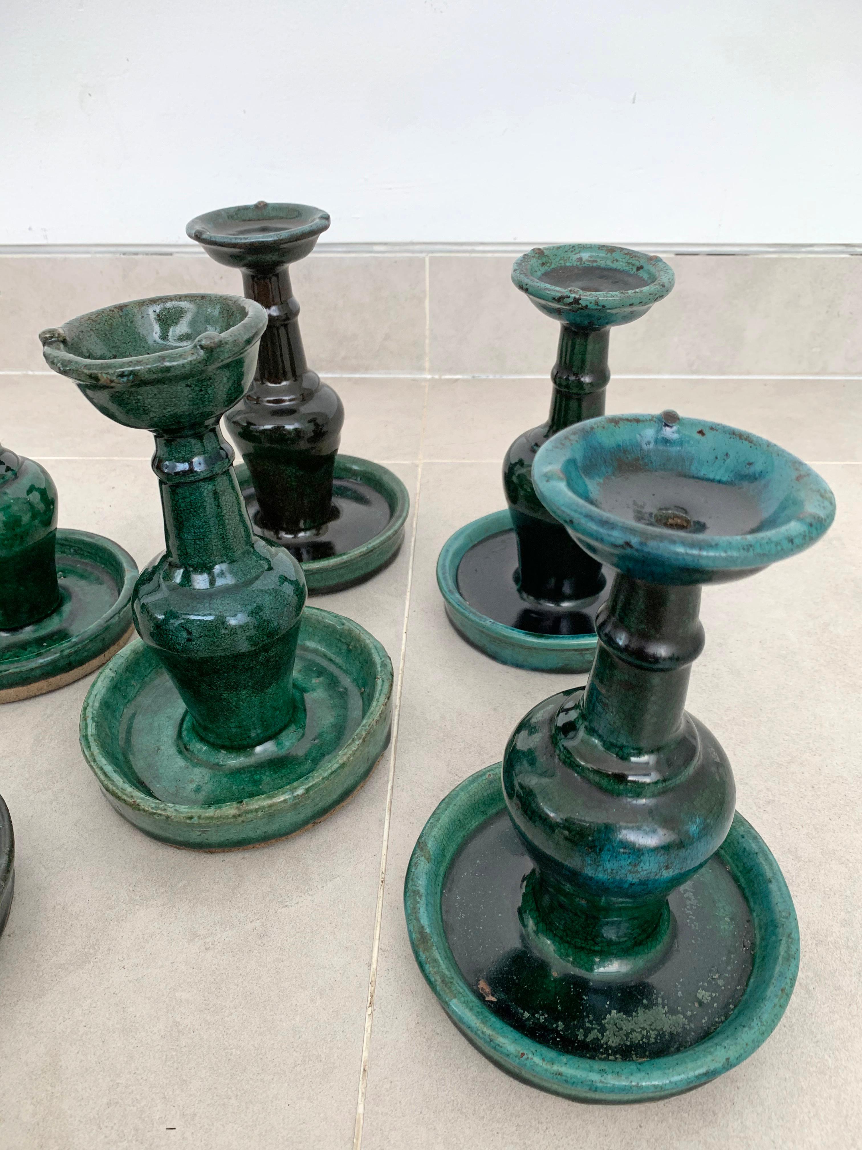 Ceramic Chinese 'Shiwan' Candleholder / Oil Lamp Set of 6, Green-Glazed, c. 1900 For Sale