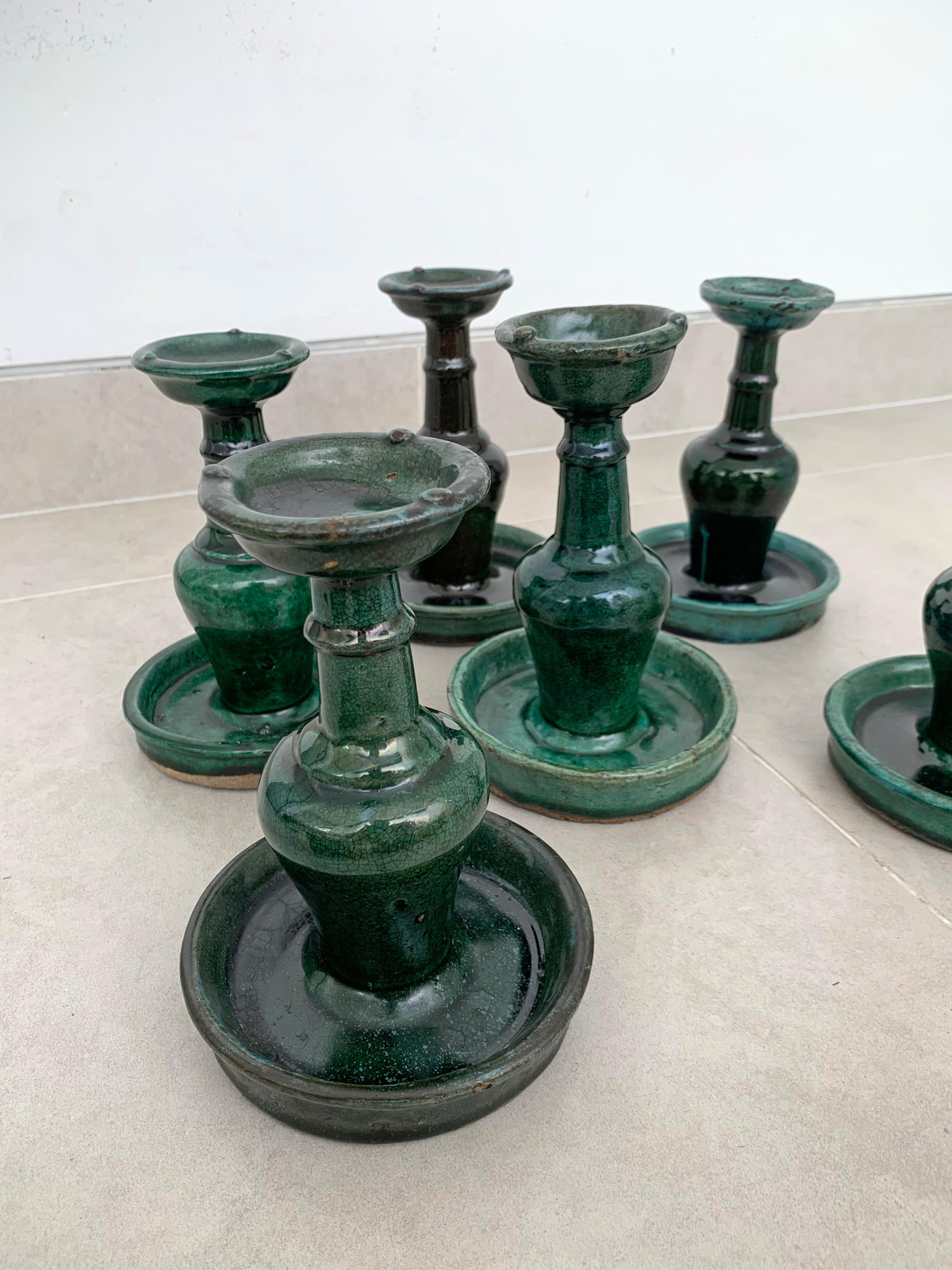 Chinese 'Shiwan' Candleholder / Oil Lamp Set of 6, Green-Glazed, c. 1900 For Sale 1