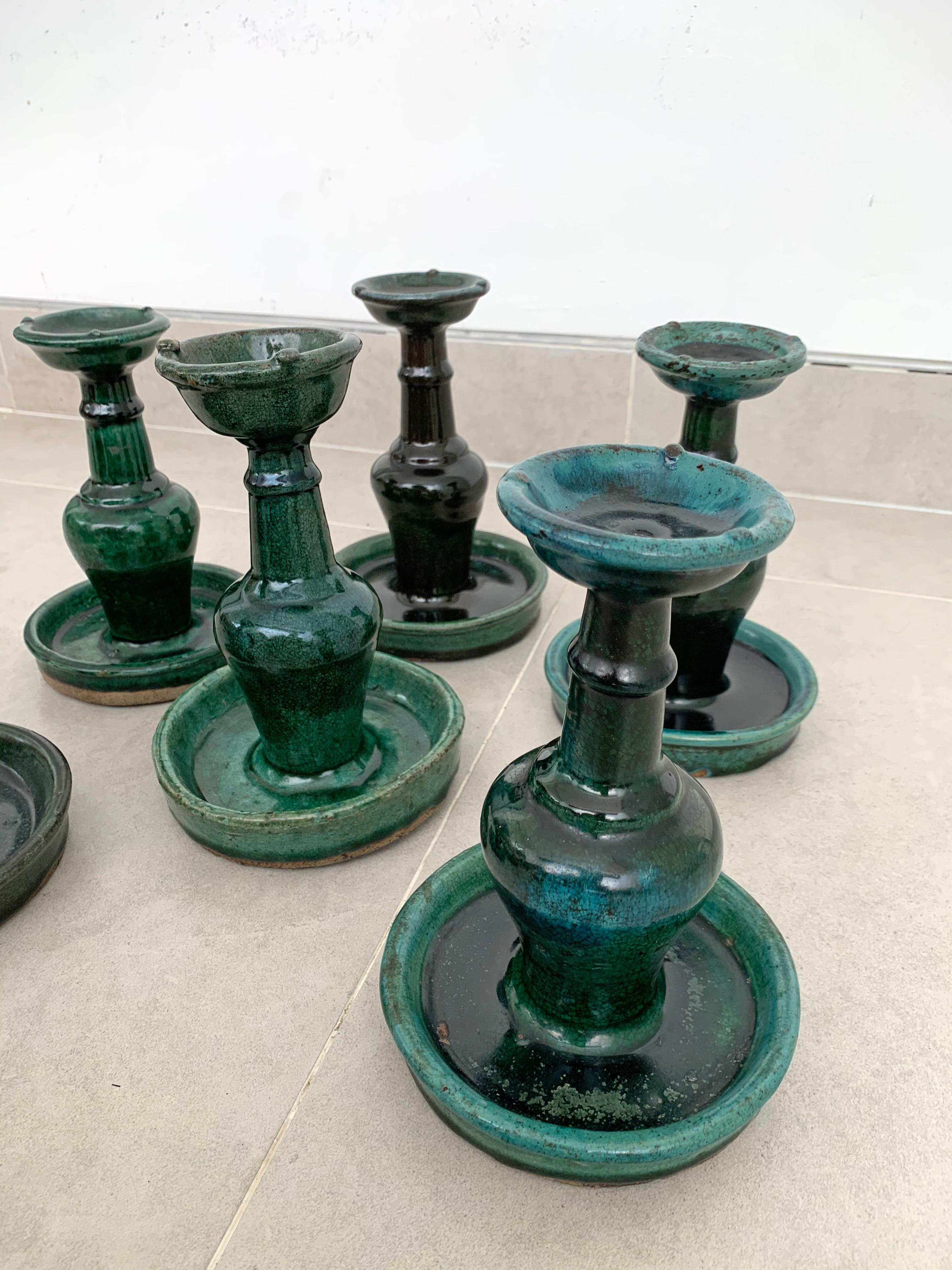 Chinese 'Shiwan' Candleholder / Oil Lamp Set of 6, Green-Glazed, c. 1900 For Sale 2