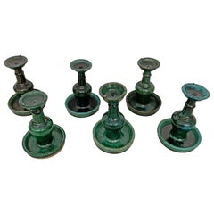 Chinese 'Shiwan' Candleholder / Oil Lamp Set of 6, Green-Glazed, c. 1900