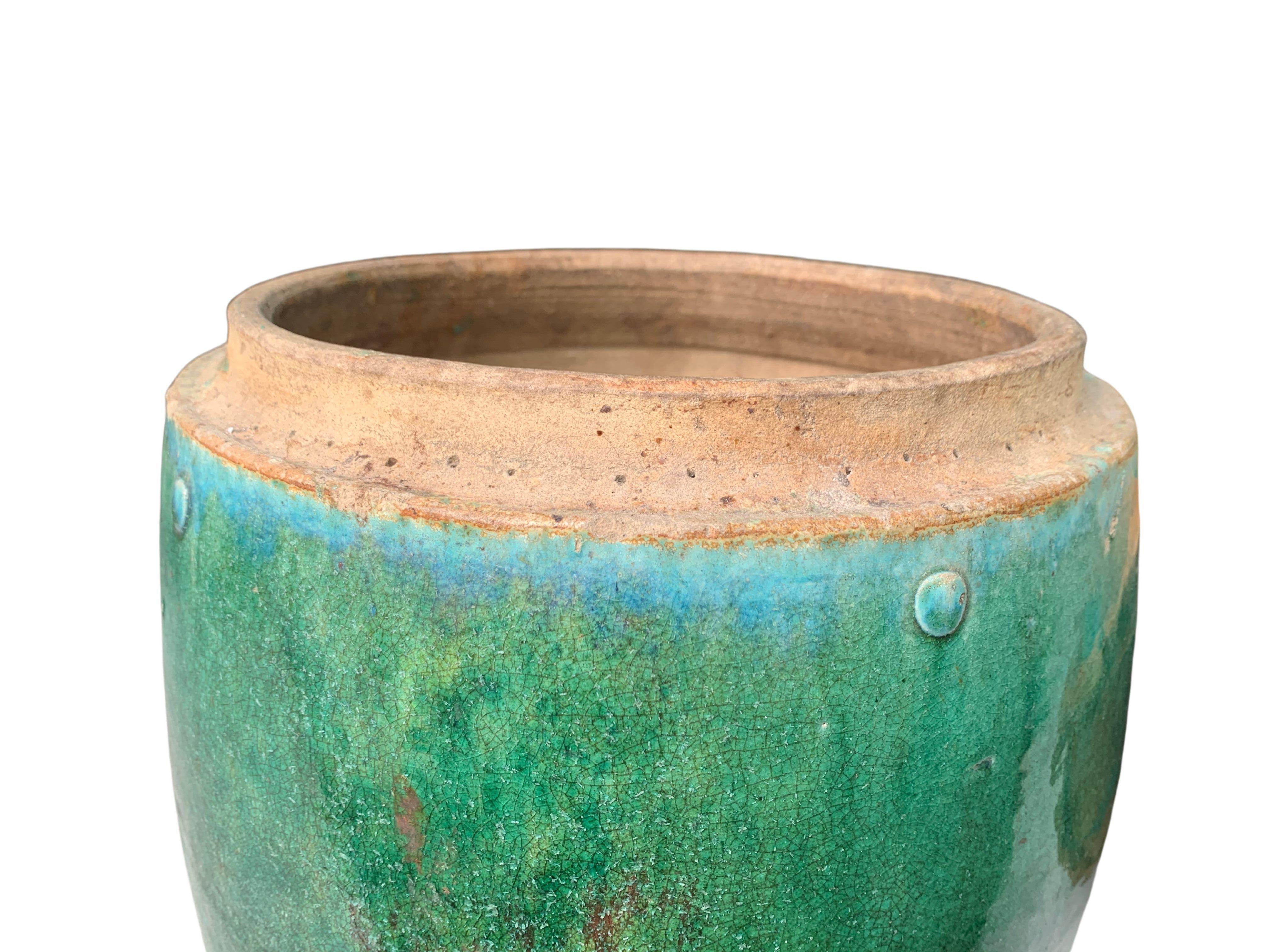 Chinese Shiwan Green Glazed Ceramic Jar / Planter, c. 1900 For Sale 1