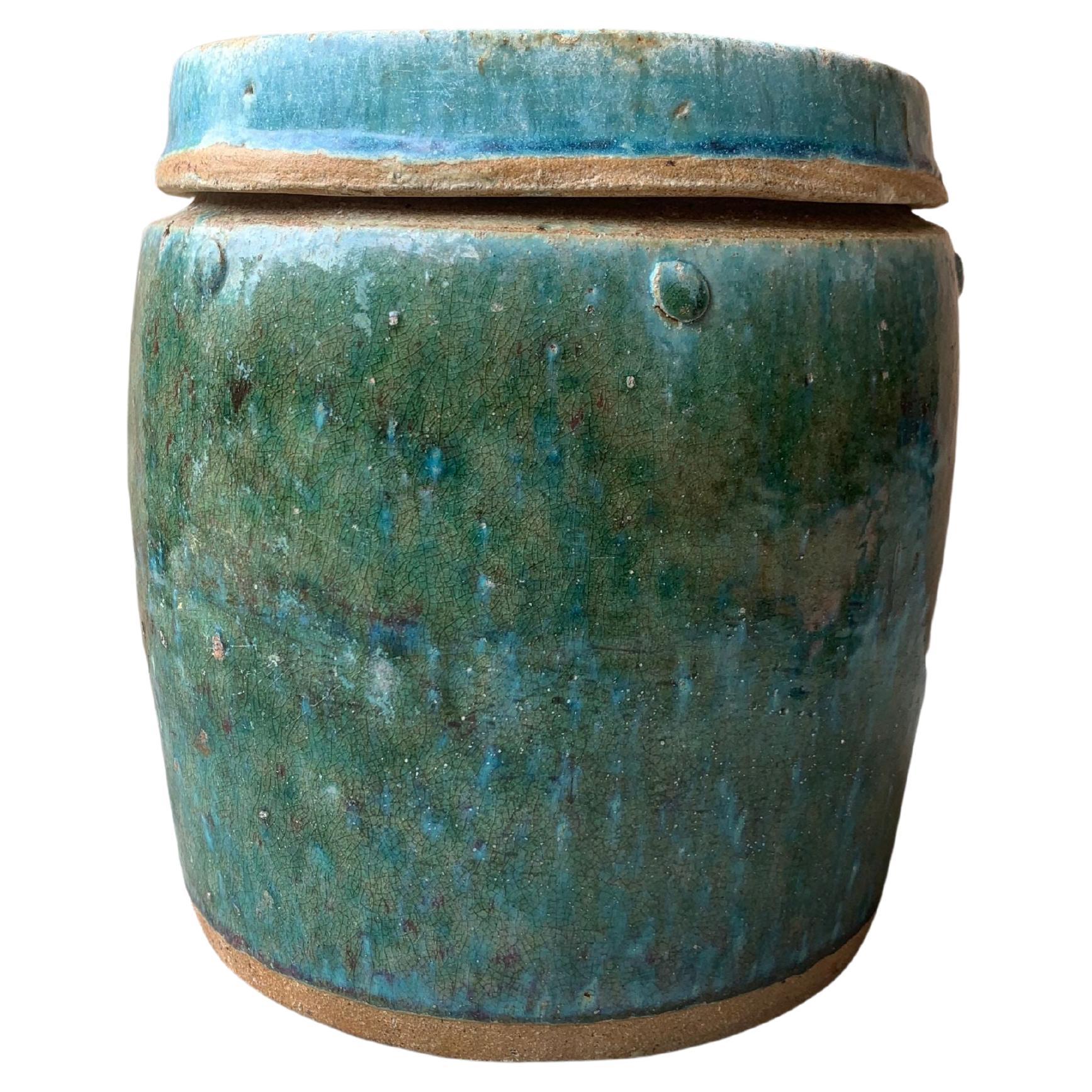 Chinese Shiwan Green Glazed Ceramic Jar / Planter, c. 1900 For Sale