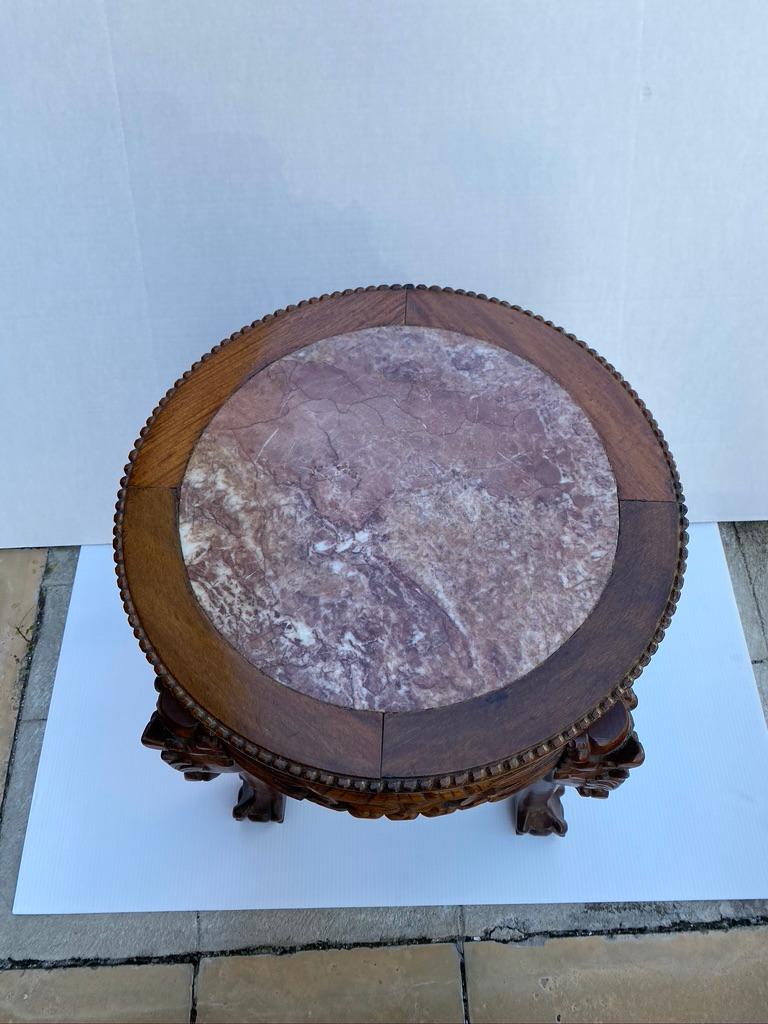 Chinese short side table hand carved mahogany with marble inset.
