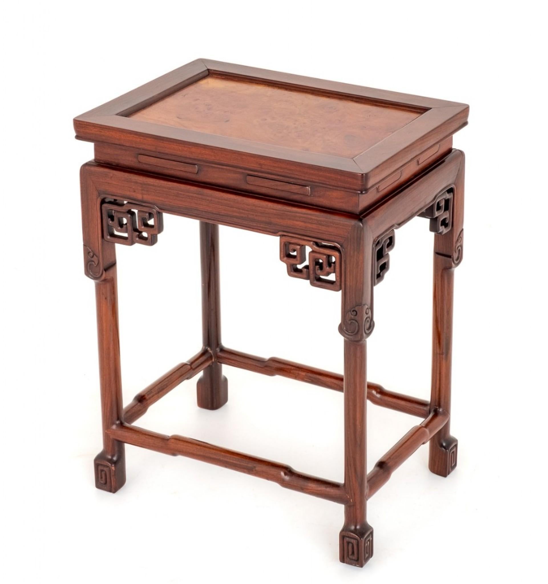 Chinese occasional table.
circa 1920
This table is of a typical chinese form.
Having shaped legs and shaped rails.
Featuring pierced corner brackets.
The top being of a inset form with a quality burr walnut panel.
Presented in good condition.