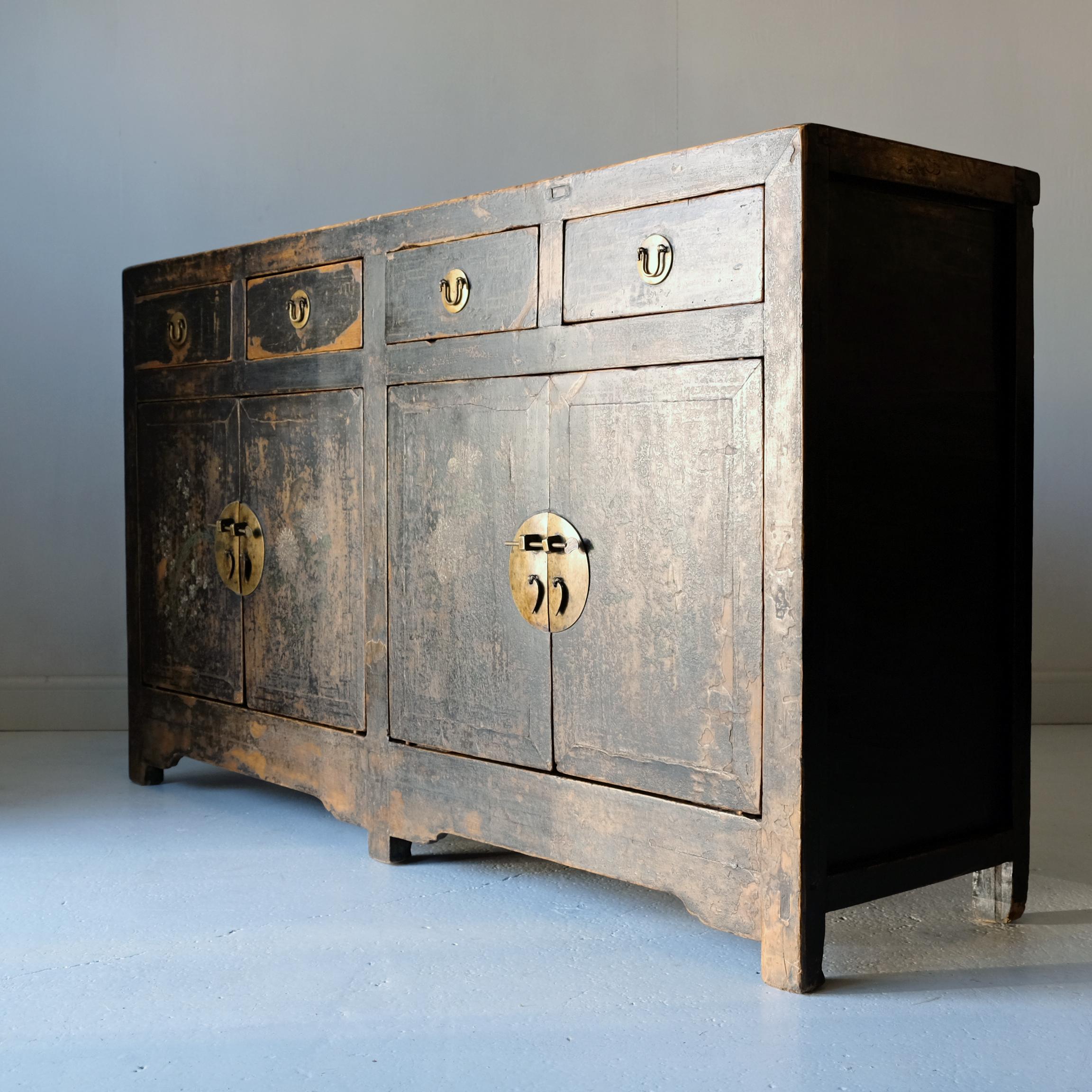 Late 19th Century Chinese Sideboard Cabinet, Original Paint, Black Lacquer, 19th Century, Storage