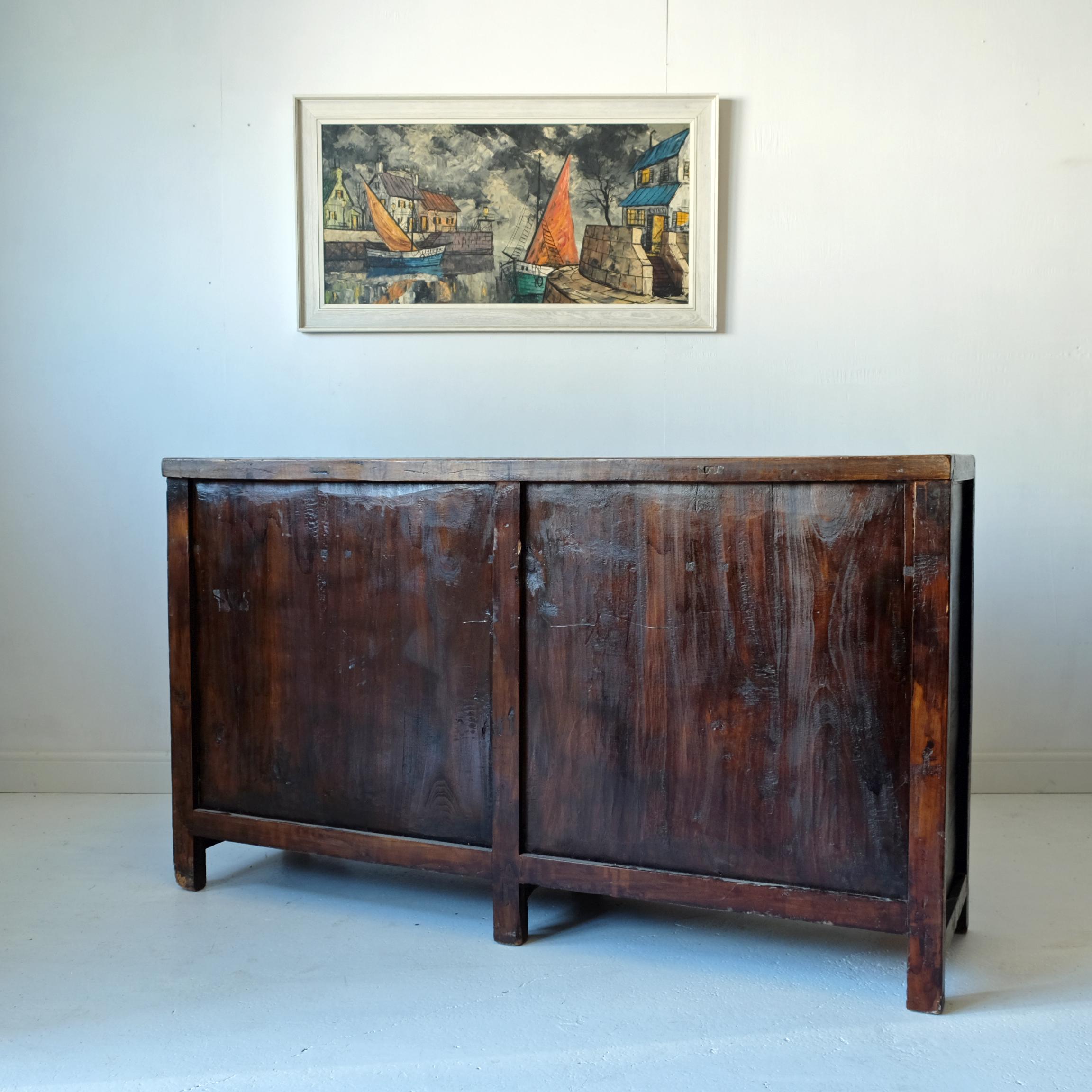 Elm Chinese Sideboard Cabinet, Original Paint, Black Lacquer, 19th Century, Storage