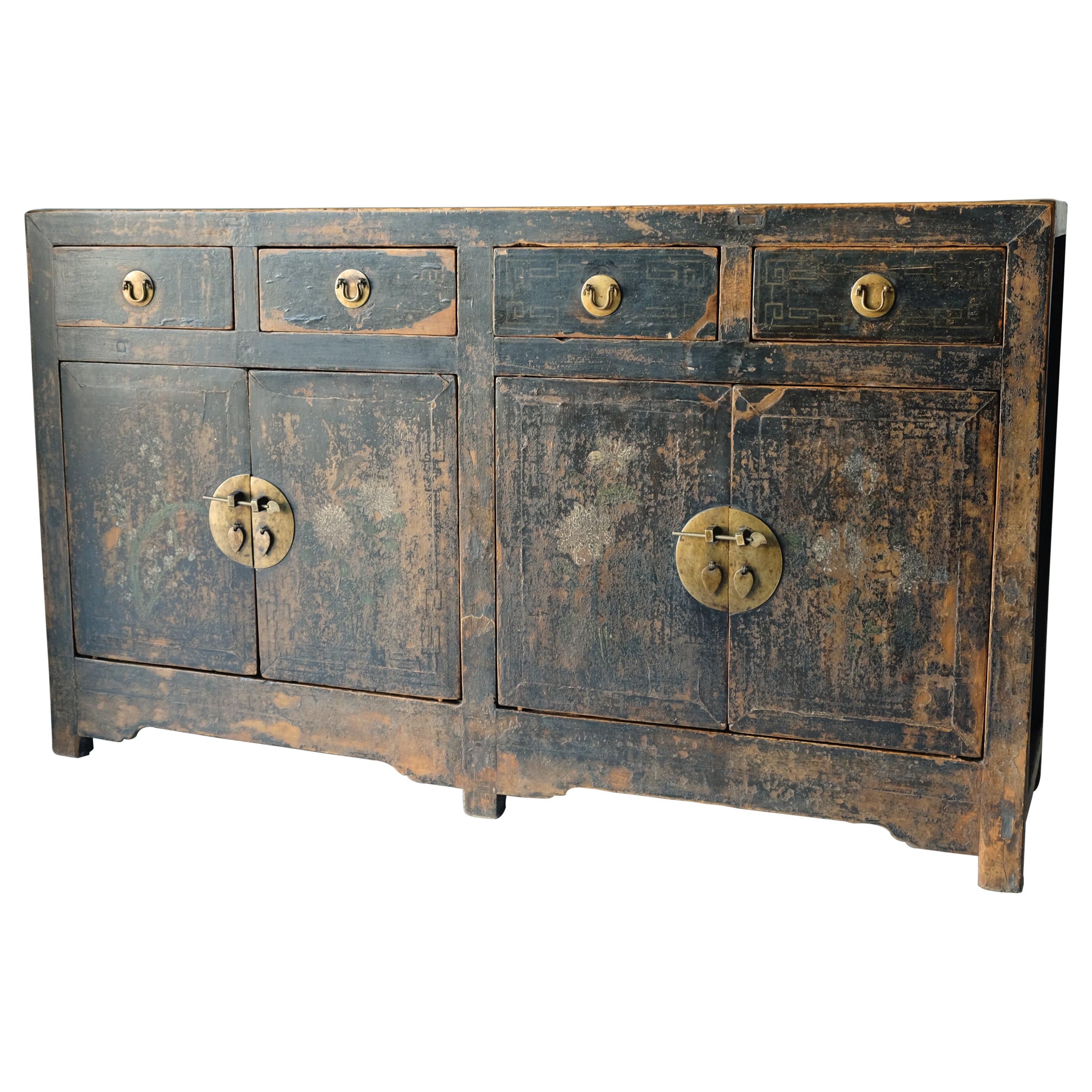 Chinese Sideboard Cabinet, Original Paint, Black Lacquer, 19th Century, Storage