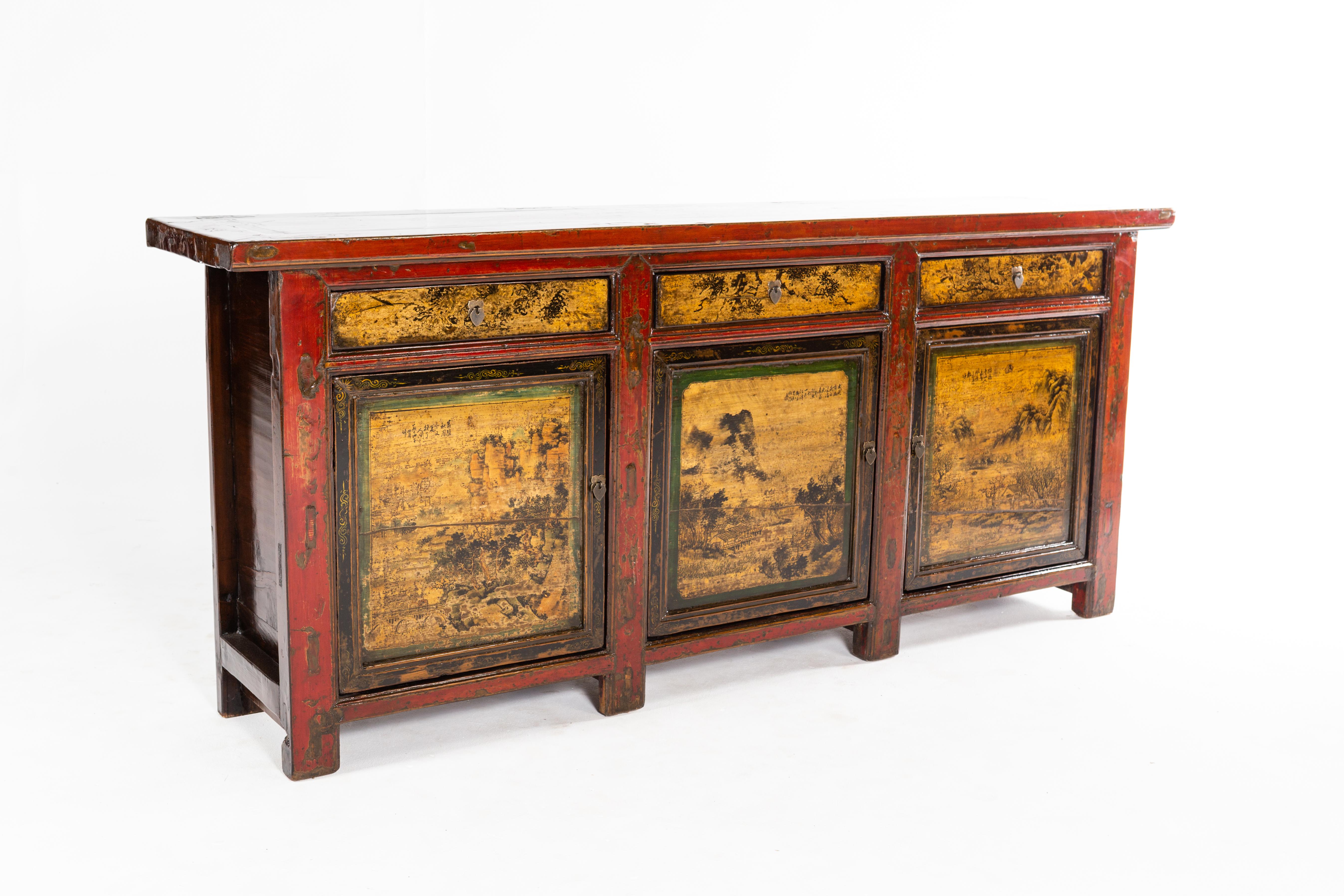 Chinese Sideboard with Three Drawers and Three Doors In Good Condition In Chicago, IL