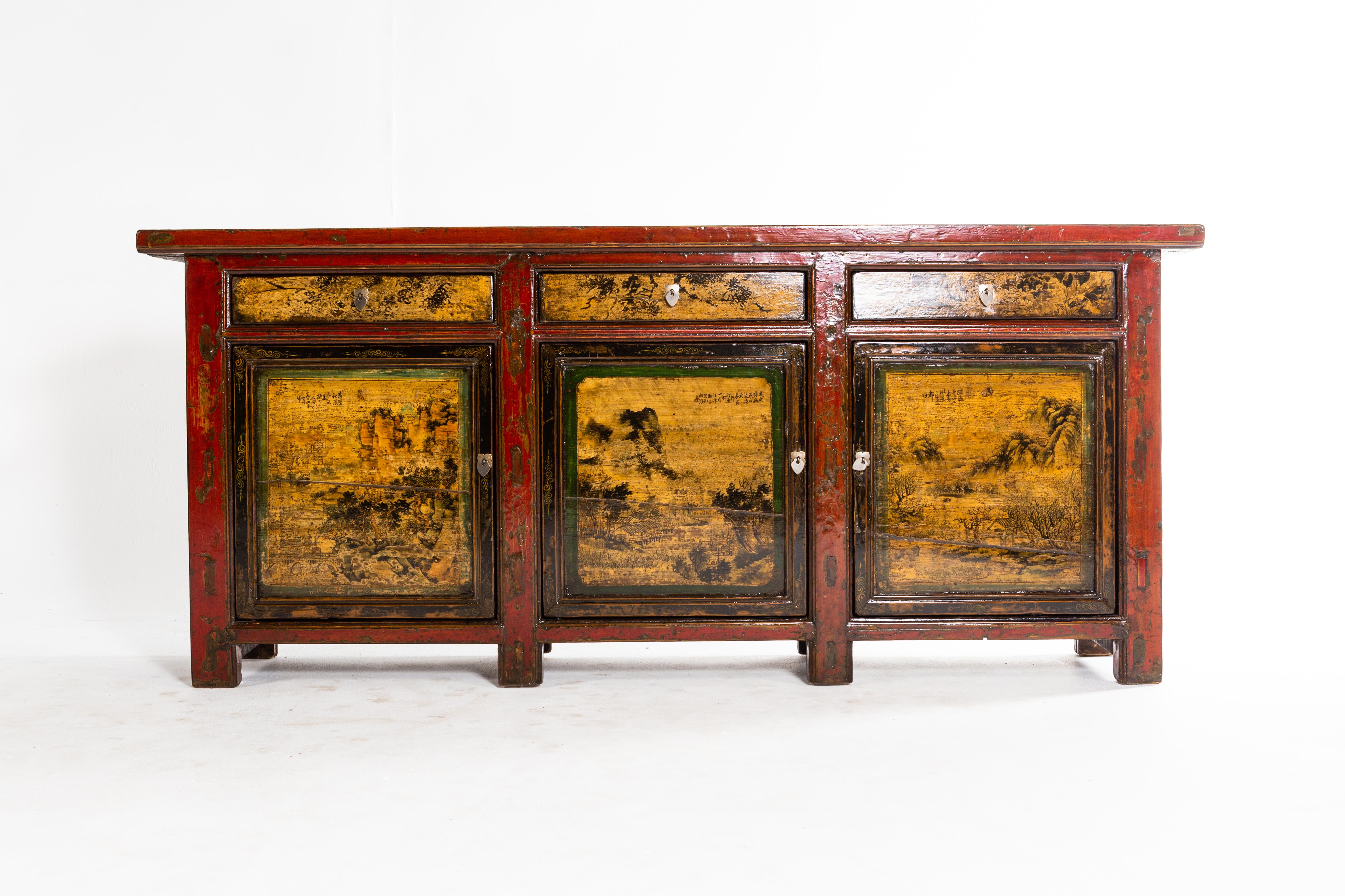 Elm Chinese Sideboard with Three Drawers and Three Doors