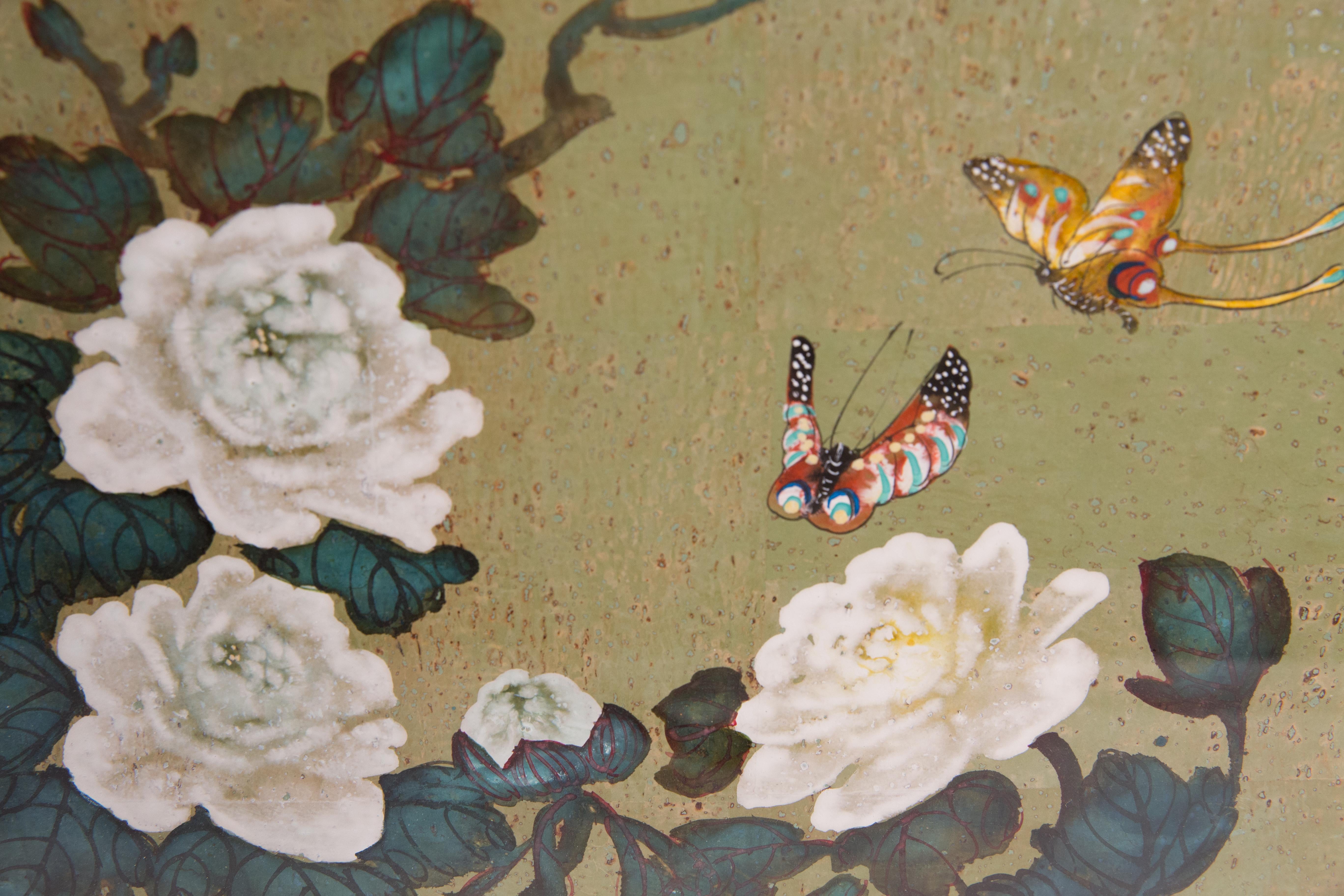 Chinese Signed Watercolor on Pressed Cork Paper Enhanced with Silver Flakes In Good Condition In Kingston, NY