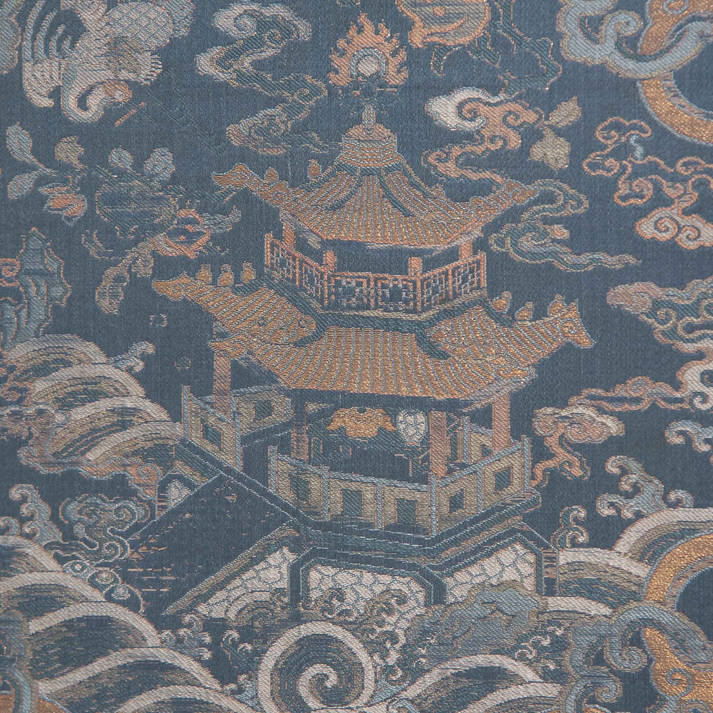 Qing Chinese Silk Brocade Chair Panel with Pagoda & Crane, c. 1850 For Sale