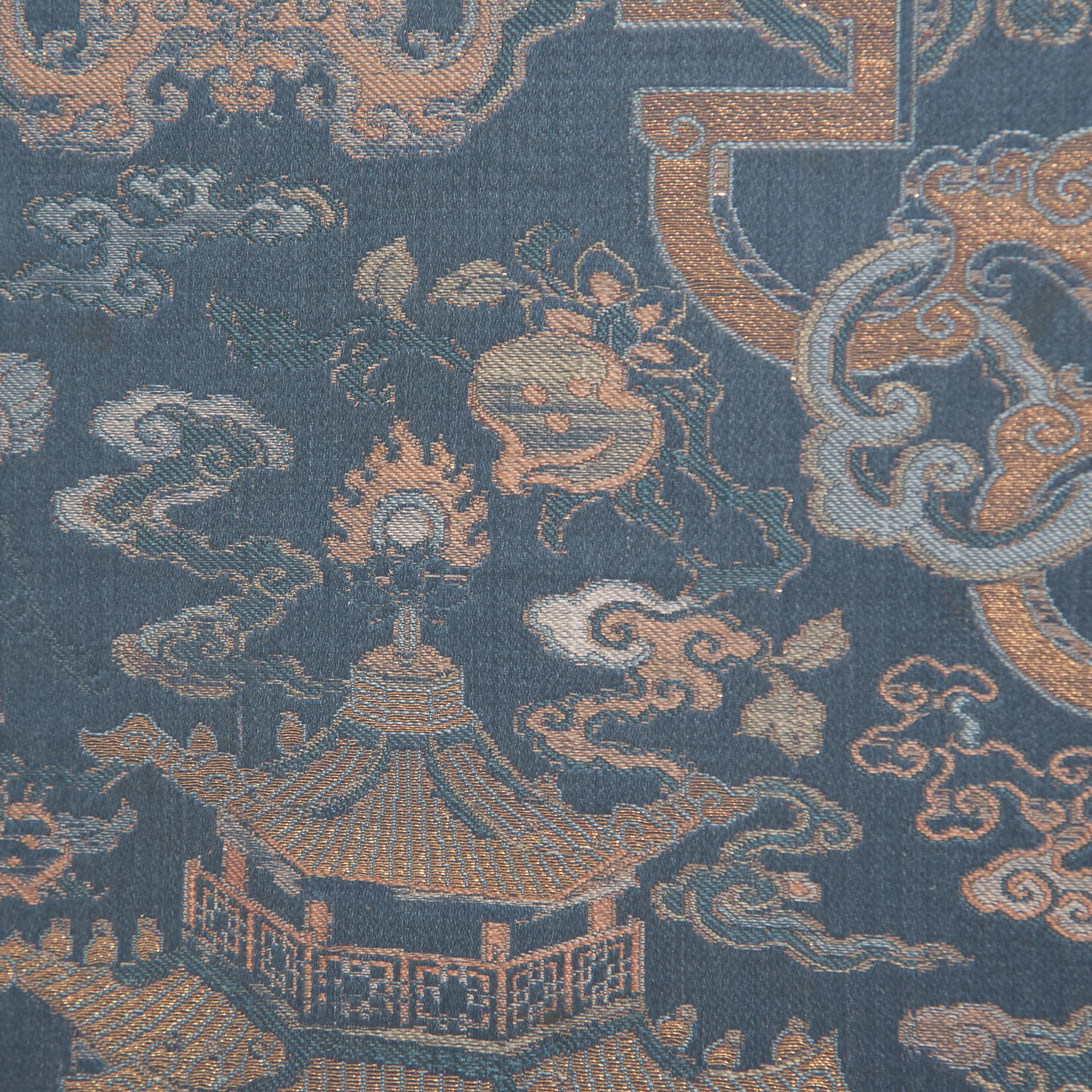 Woven Chinese Silk Brocade Chair Panel with Pagoda & Crane, c. 1850 For Sale