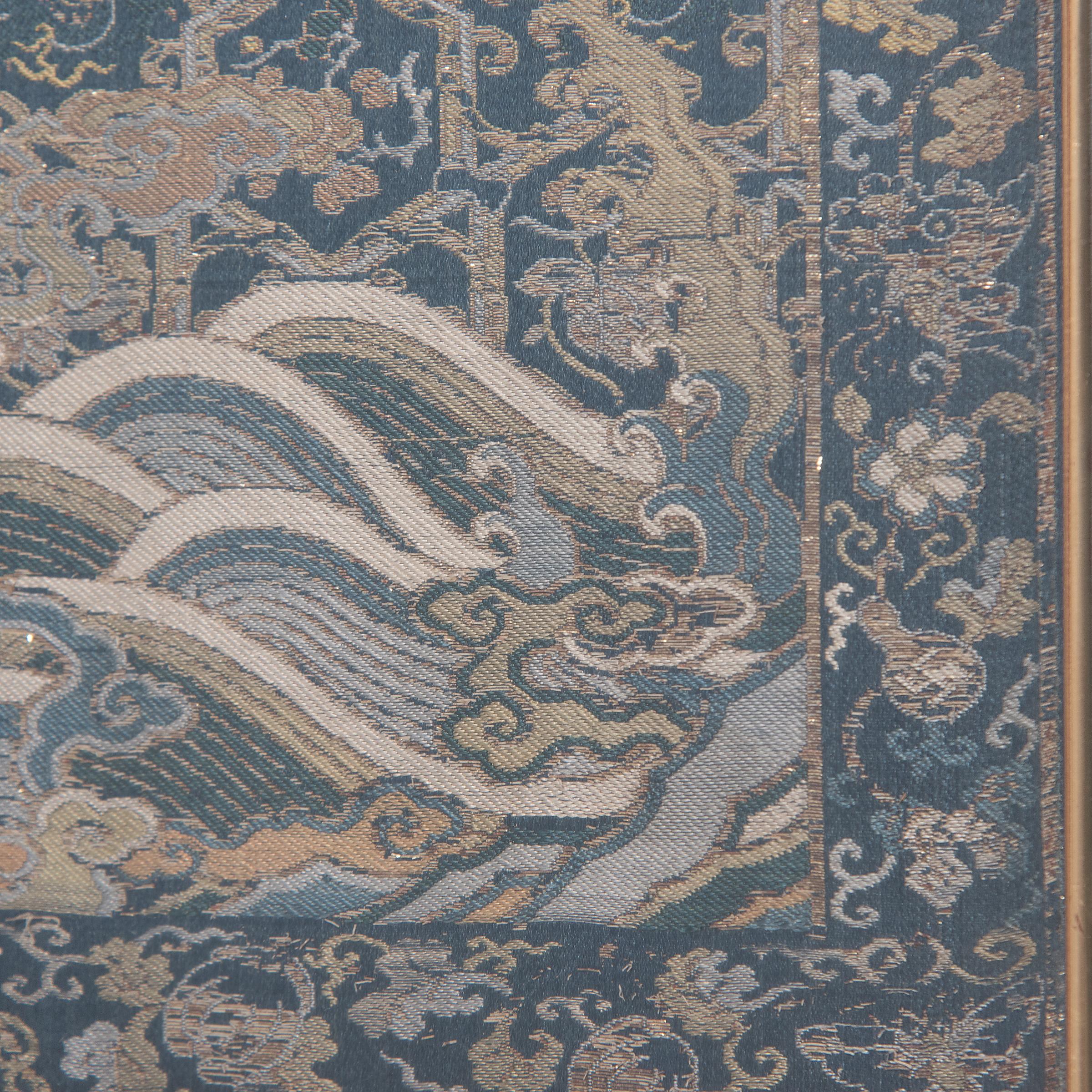 Chinese Silk Brocade Chair Panel with Pagoda & Crane, c. 1850 In Good Condition For Sale In Chicago, IL
