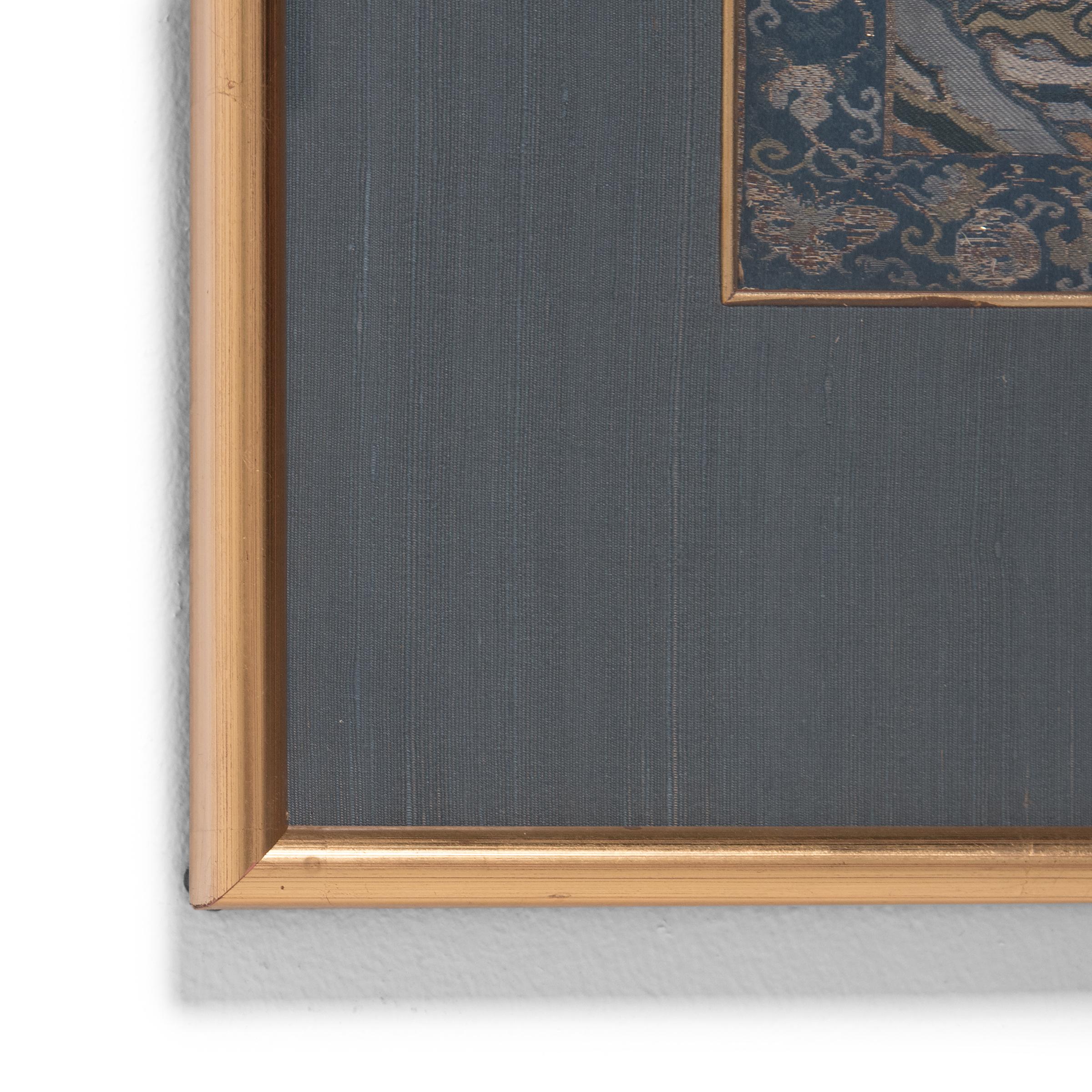 19th Century Chinese Silk Brocade Chair Panel with Pagoda & Crane, c. 1850 For Sale