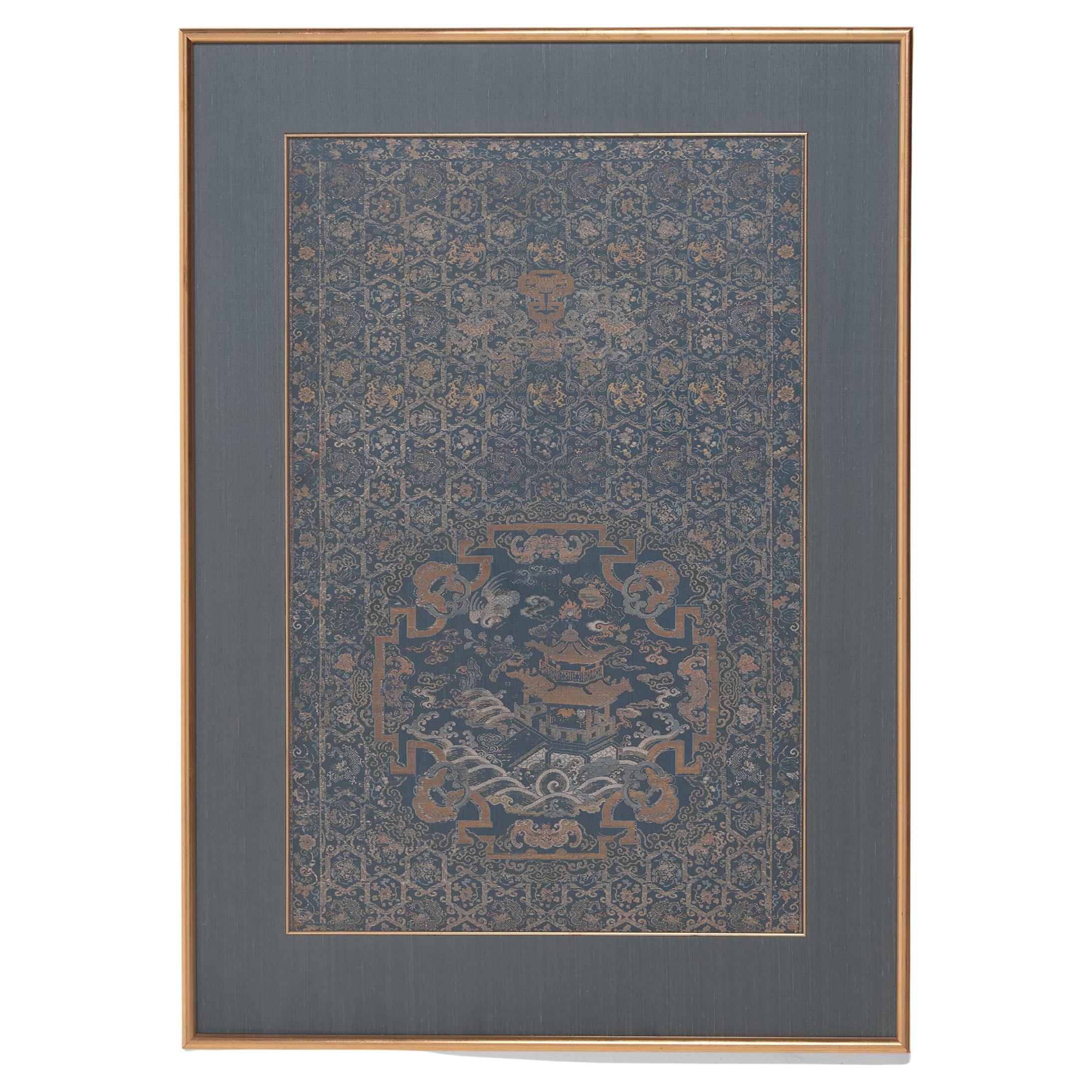 Chinese Silk Brocade Chair Panel with Pagoda & Crane, c. 1850