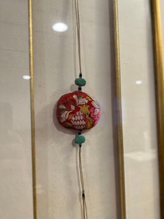 Chinese Silk Brocade Object W/ Carved Turquoise Beads Qing Dynasty (1644-1911)