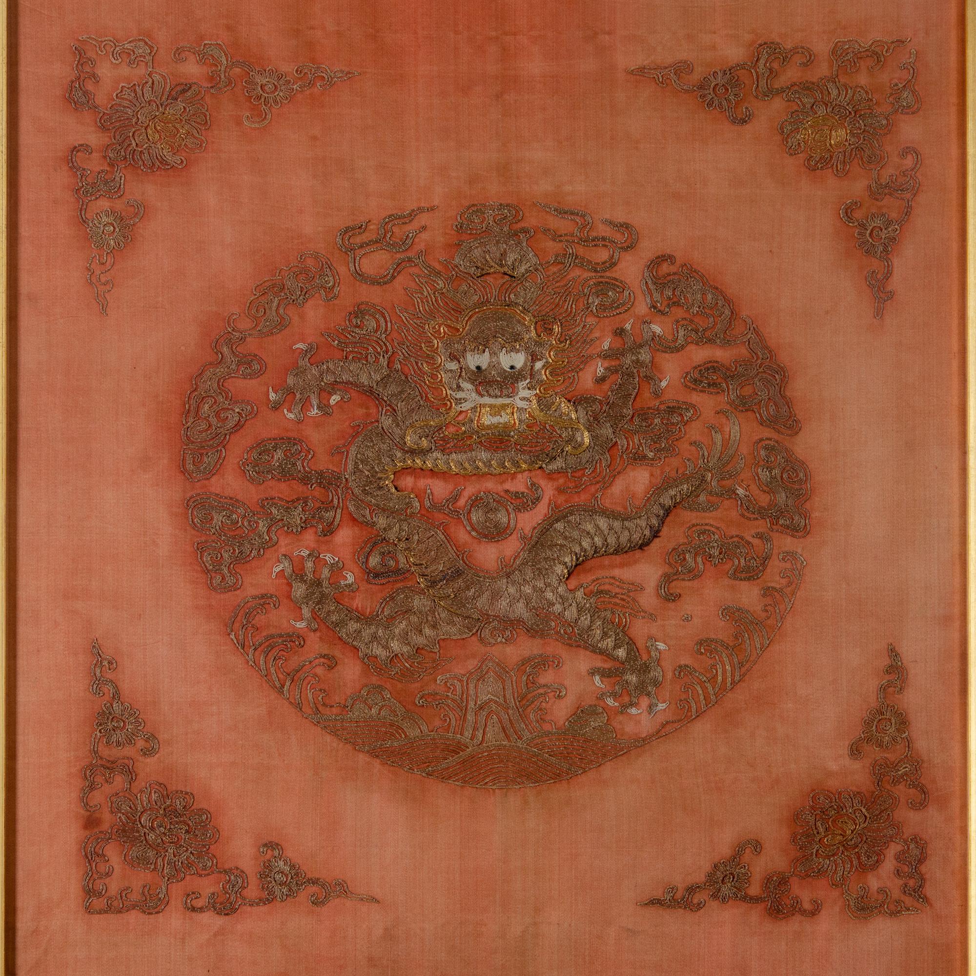 A Chinese silk embroidered chair cover, 19th century.

frame: 21 ¾ by 64 ¼ inches 

